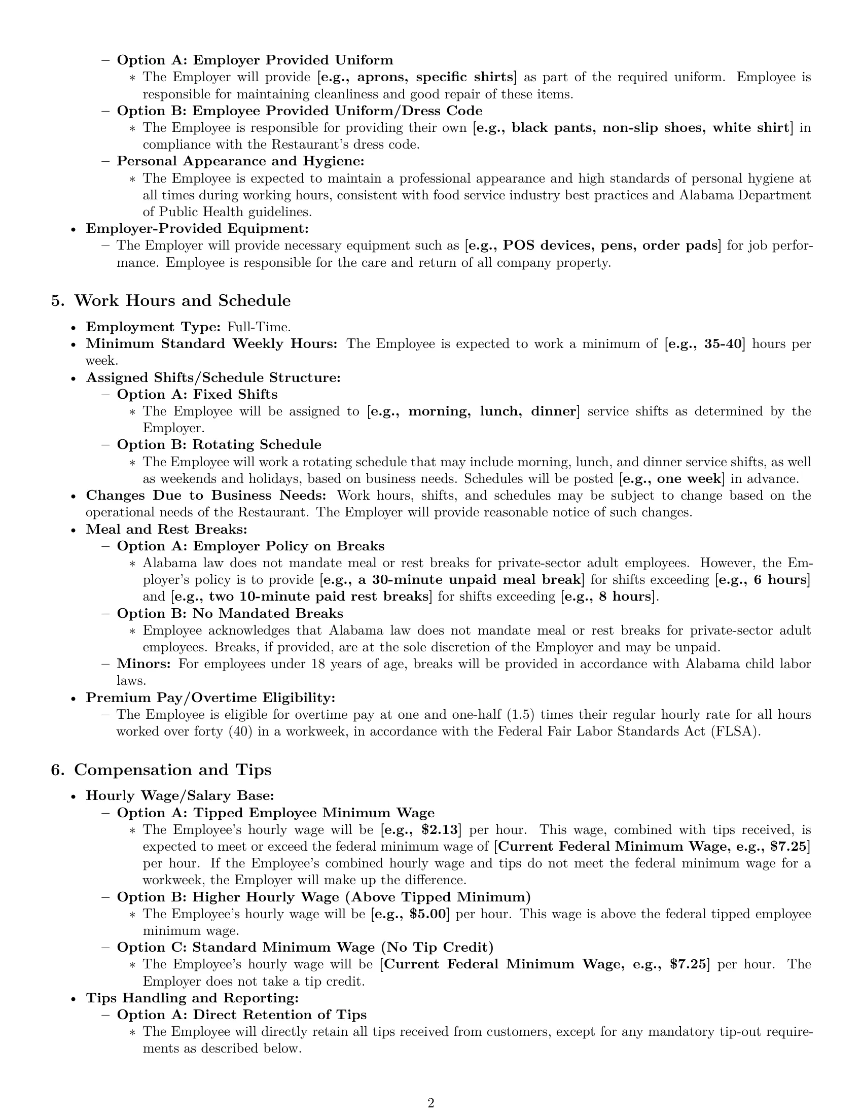 Preview page 2 of Pro Alabama restaurant server employment contract template