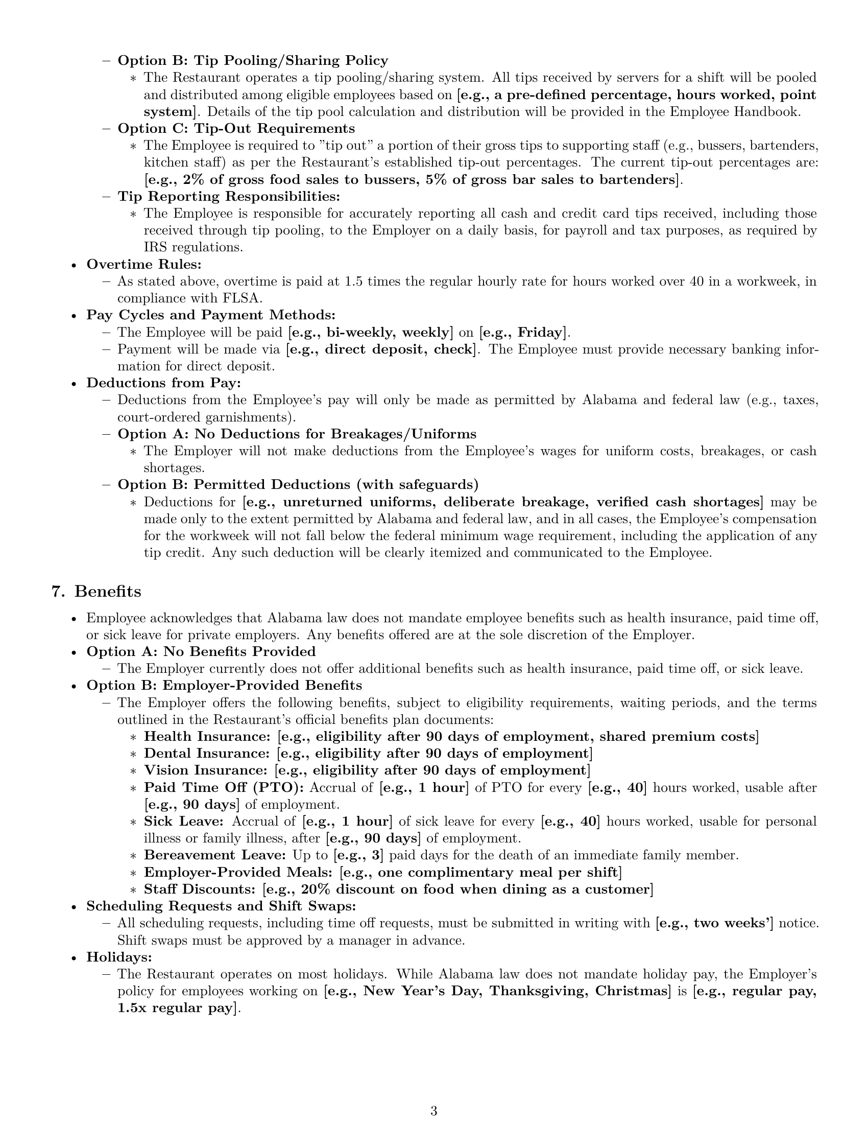 Preview page 3 of Pro Alabama restaurant server employment contract template