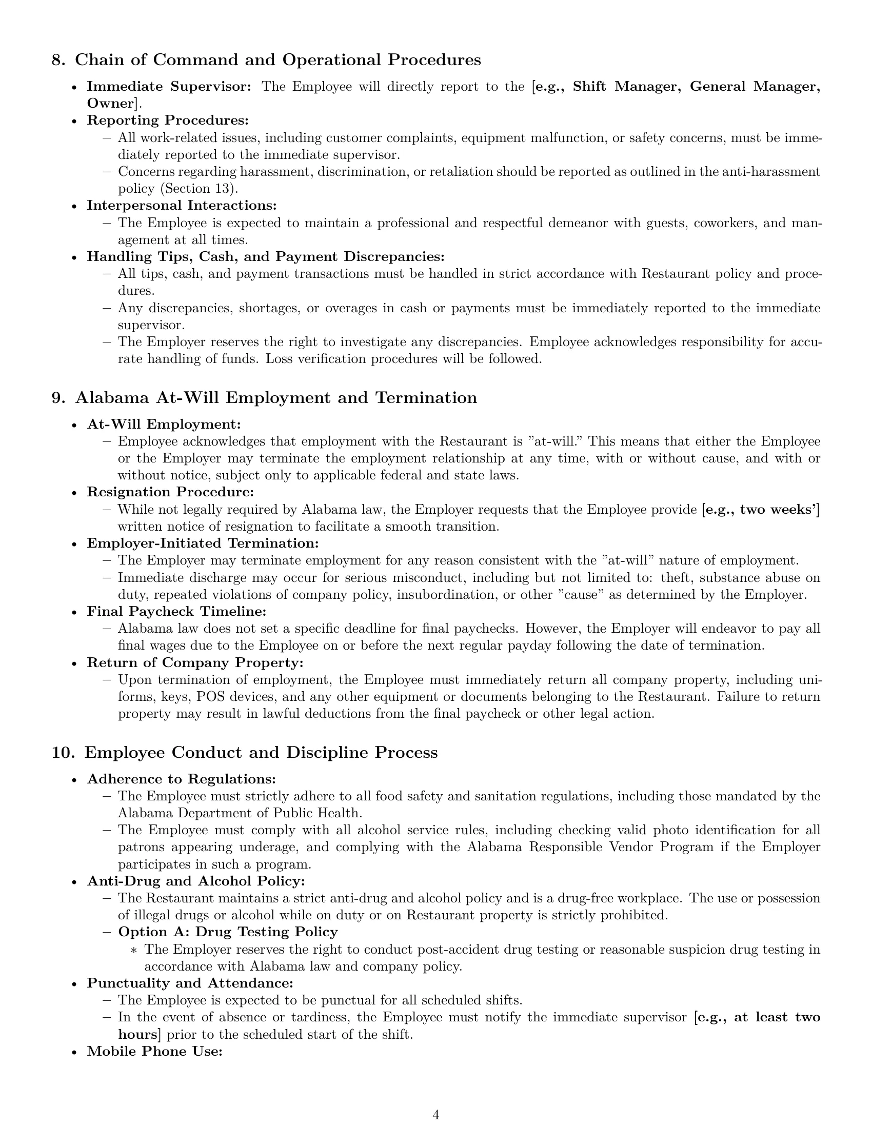 Preview page 4 of Pro Alabama restaurant server employment contract template
