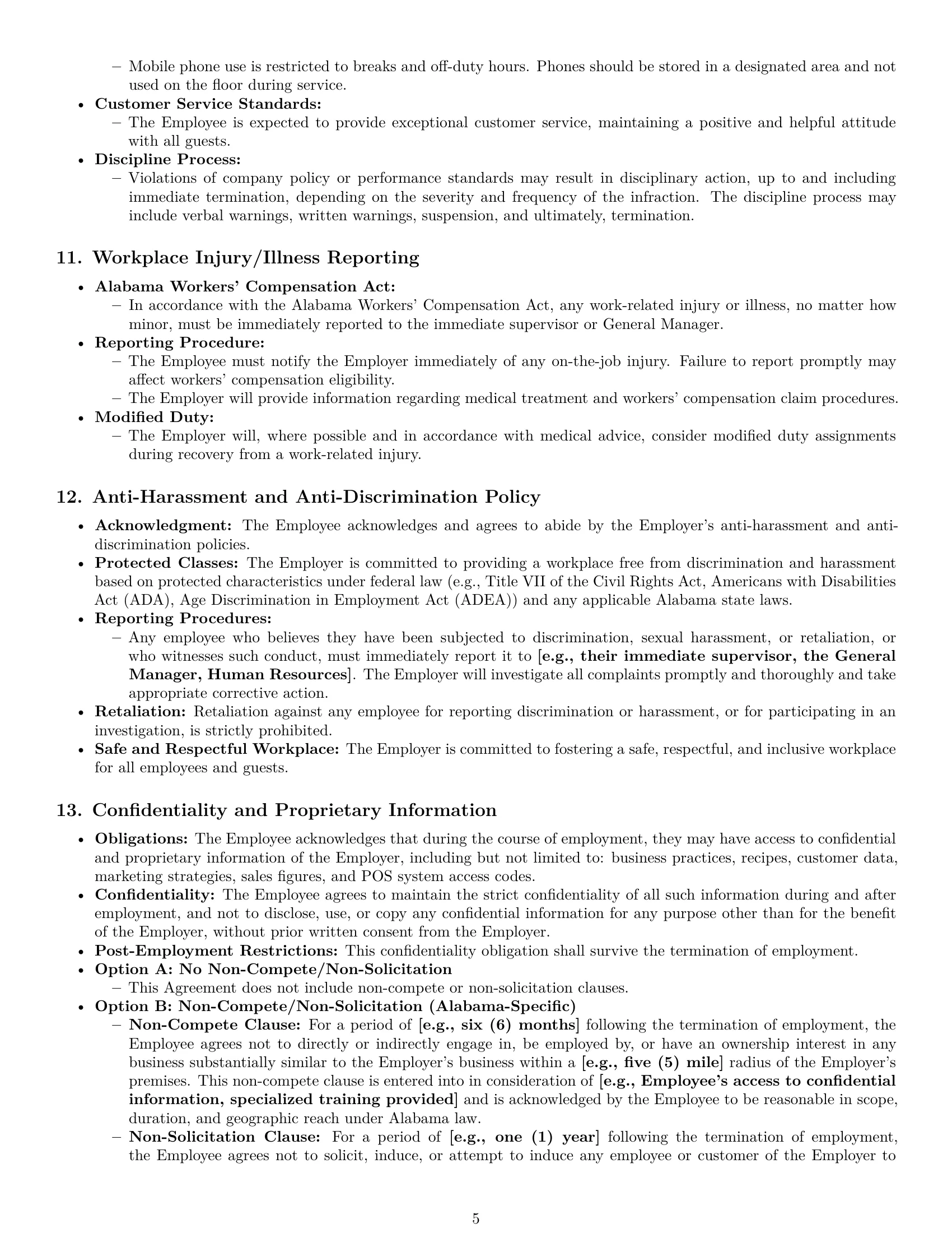 Preview page 5 of Pro Alabama restaurant server employment contract template