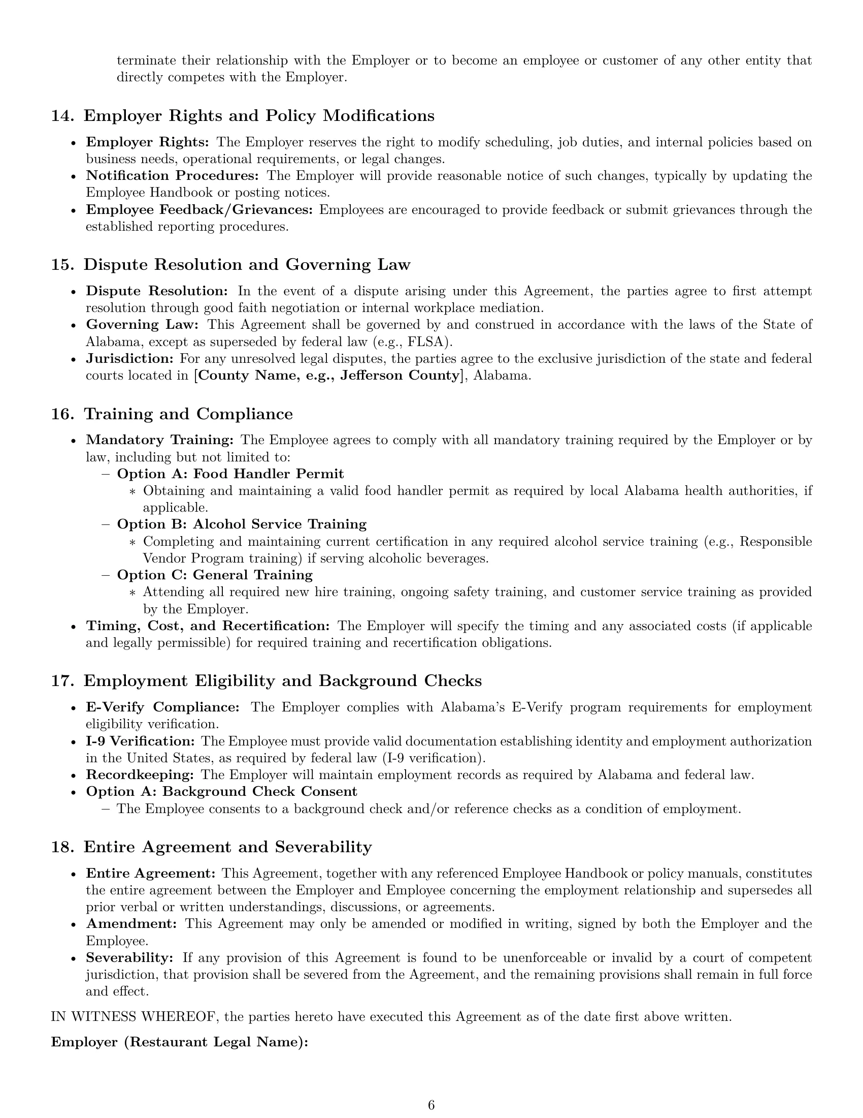 Preview page 6 of Pro Alabama restaurant server employment contract template