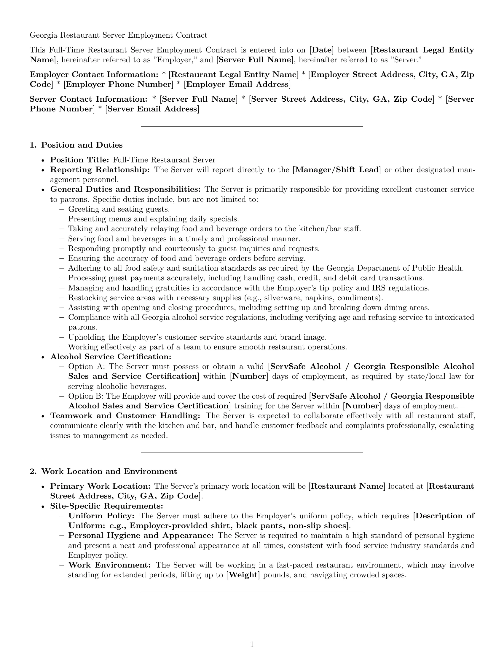 Preview page 1 of Pro Georgia restaurant server employment contract template