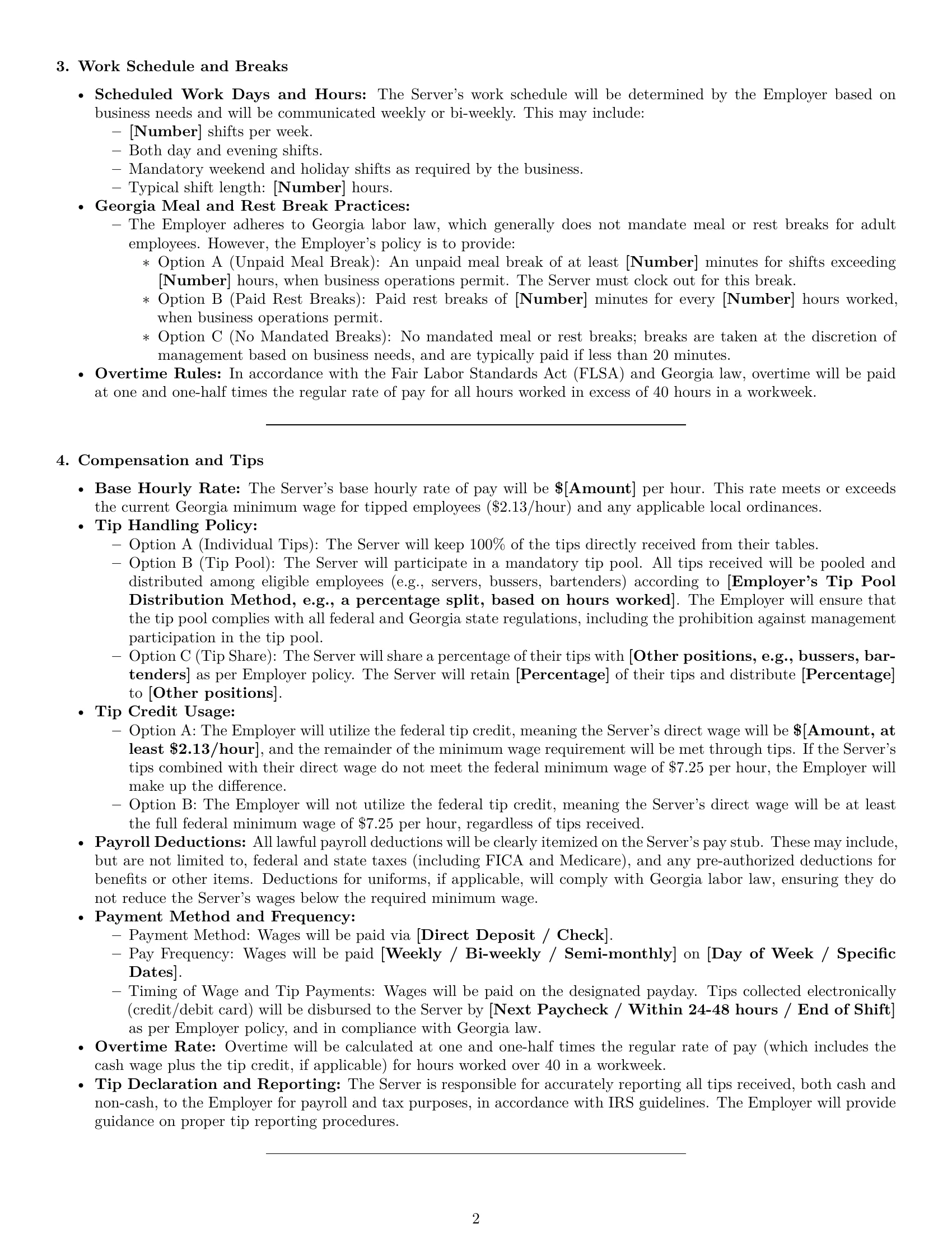 Preview page 2 of Pro Georgia restaurant server employment contract template