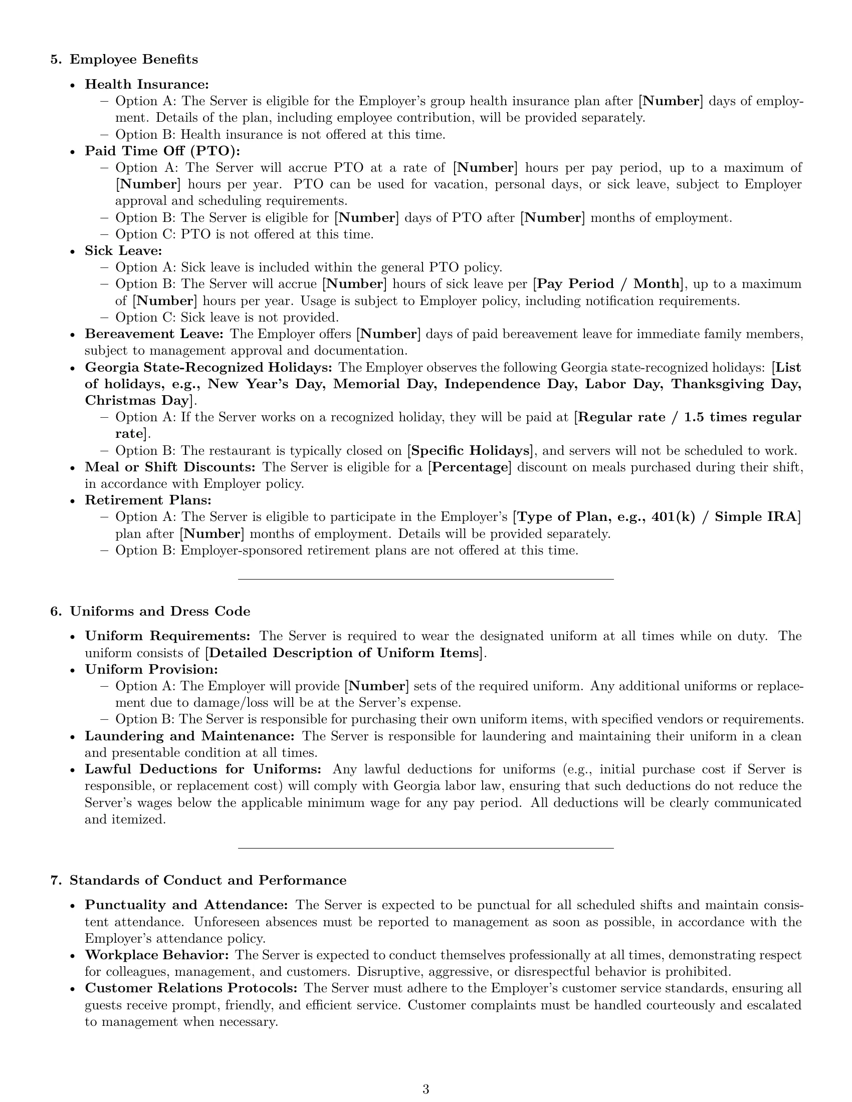 Preview page 3 of Pro Georgia restaurant server employment contract template