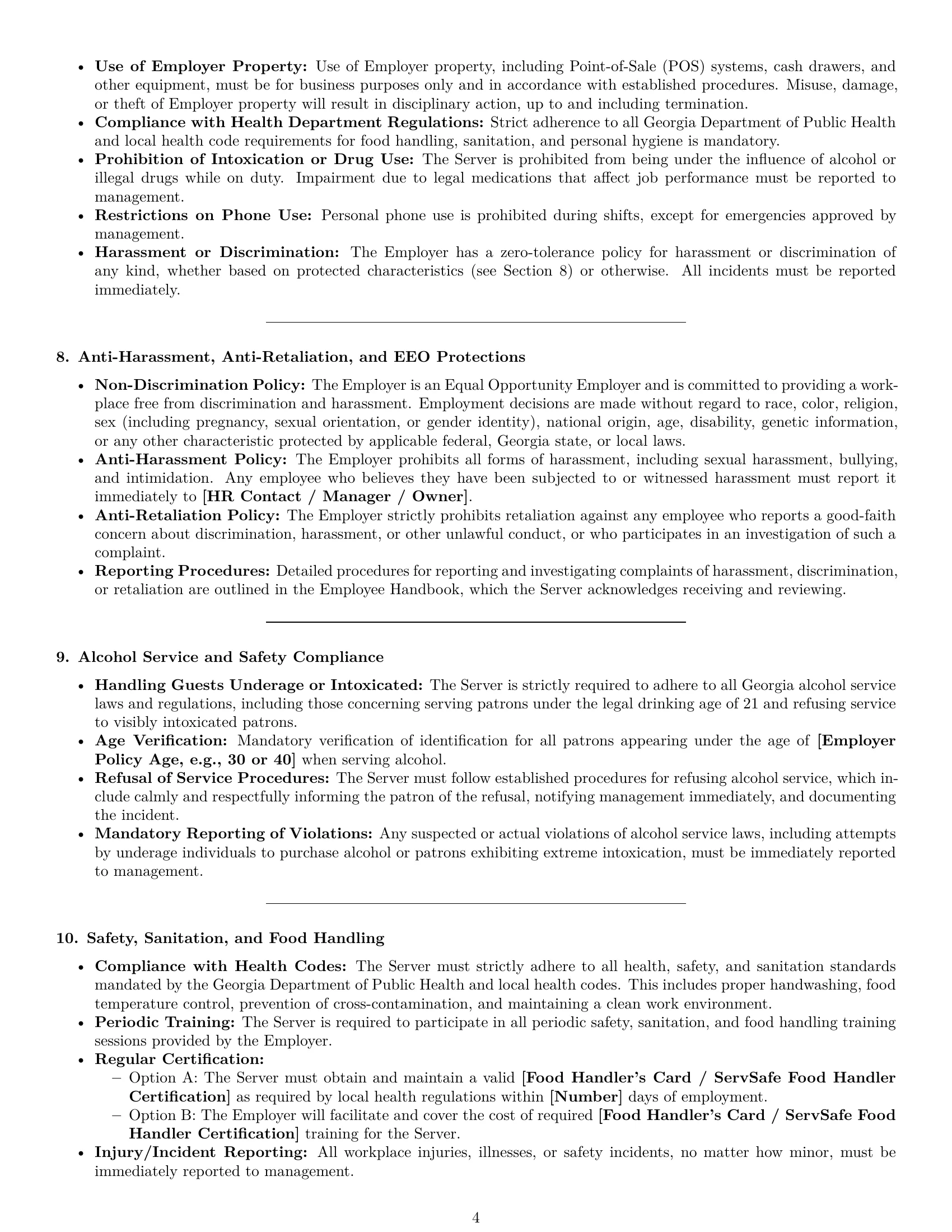 Preview page 4 of Pro Georgia restaurant server employment contract template