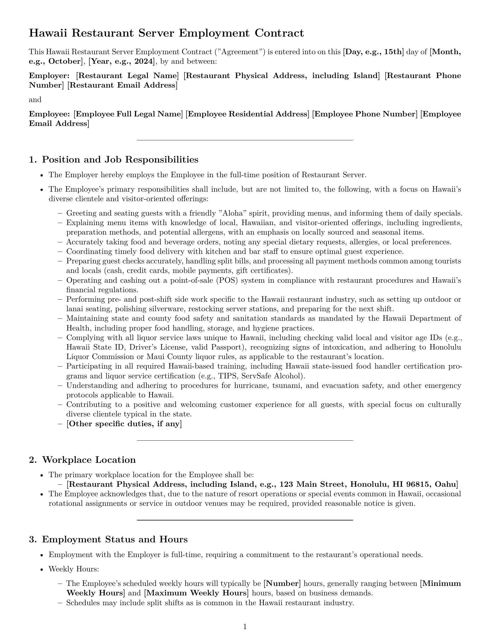 Preview page 1 of Pro Hawaii restaurant server employment contract template
