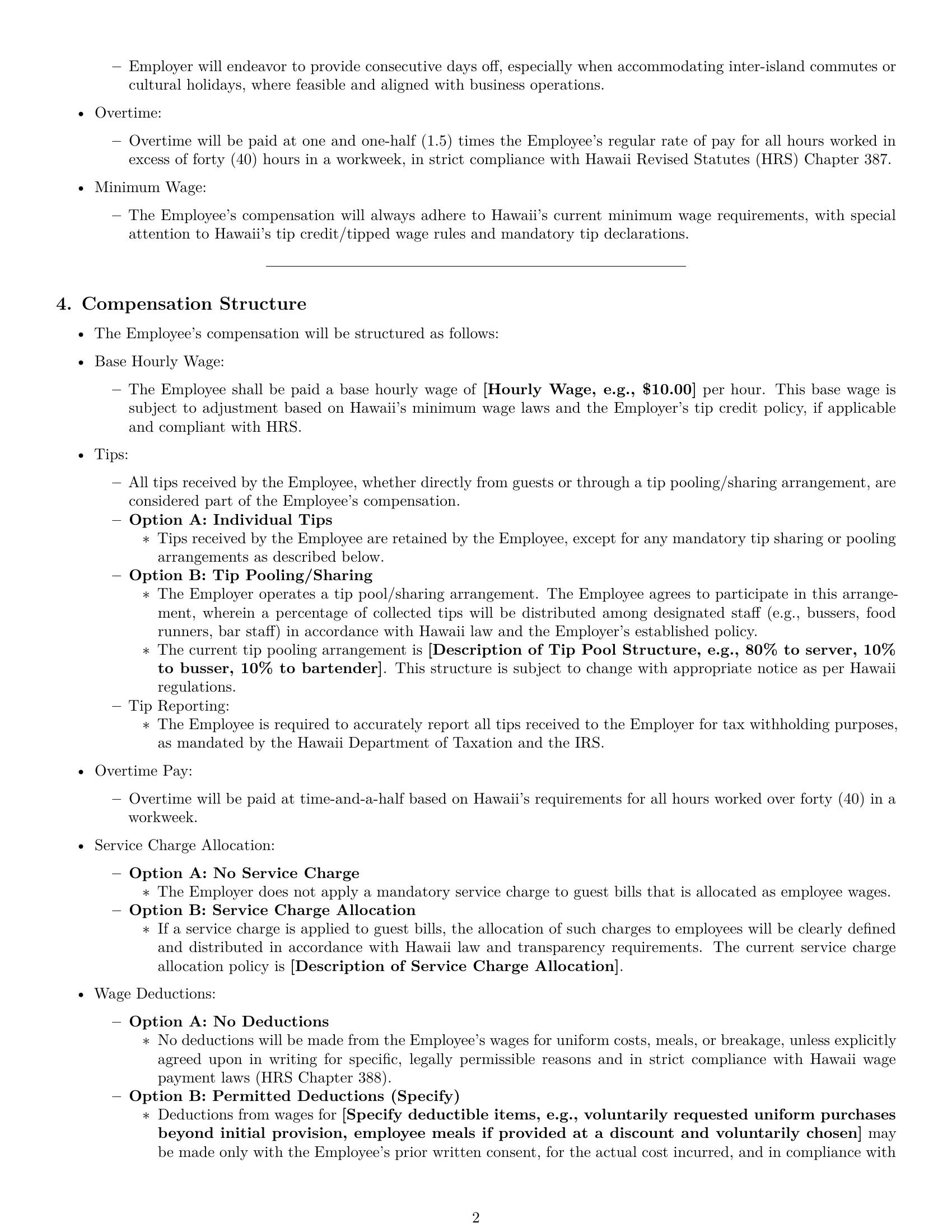 Preview page 2 of Pro Hawaii restaurant server employment contract template