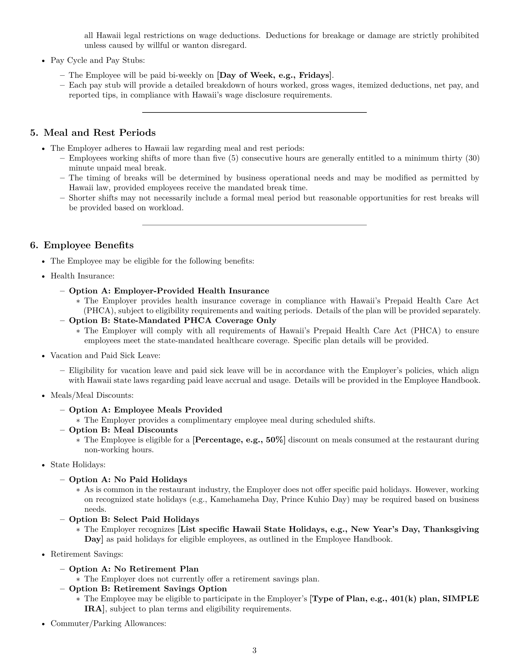 Preview page 3 of Pro Hawaii restaurant server employment contract template