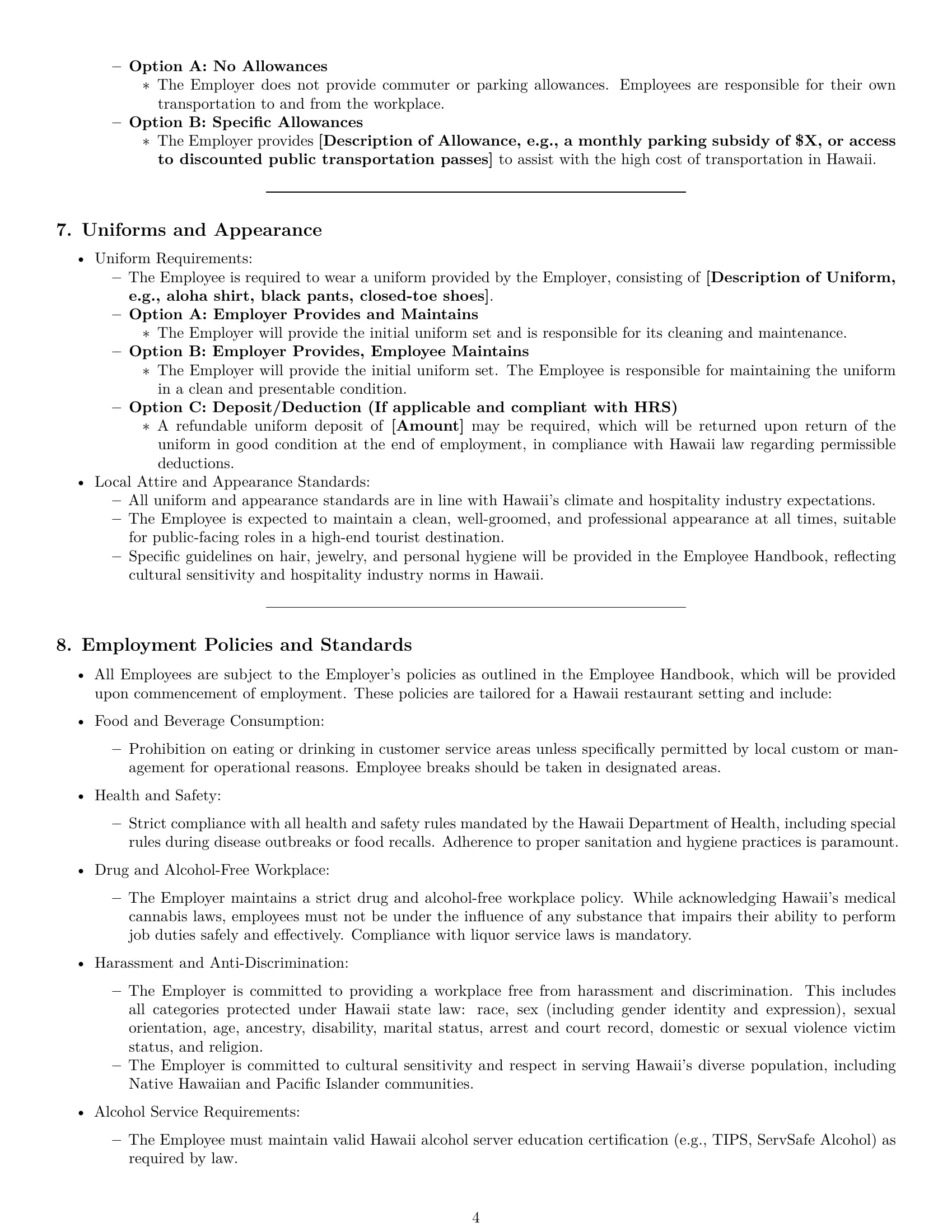 Preview page 4 of Pro Hawaii restaurant server employment contract template