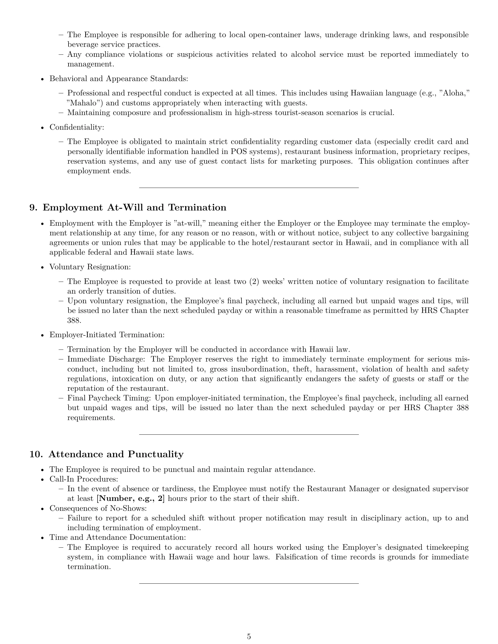 Preview page 5 of Pro Hawaii restaurant server employment contract template