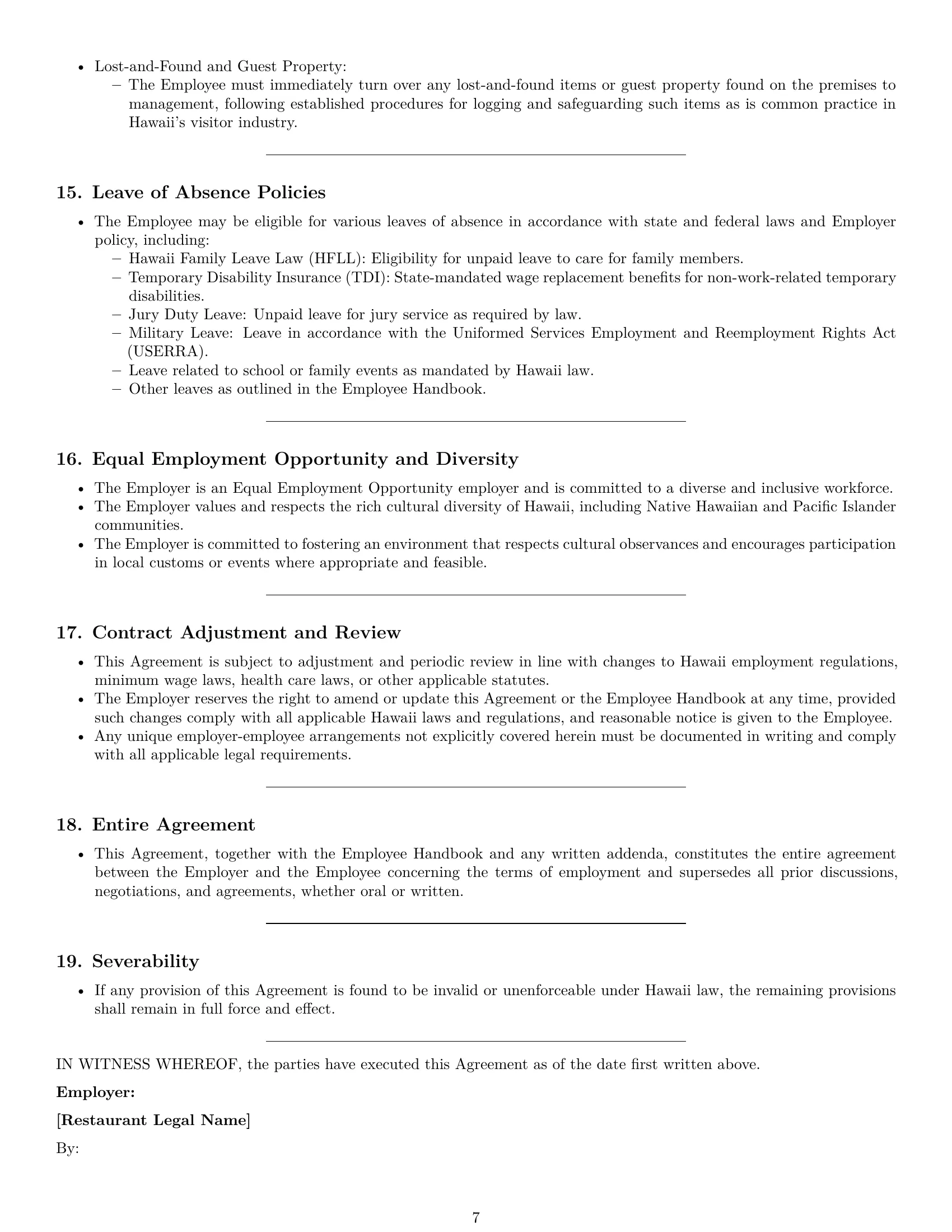 Preview page 7 of Pro Hawaii restaurant server employment contract template