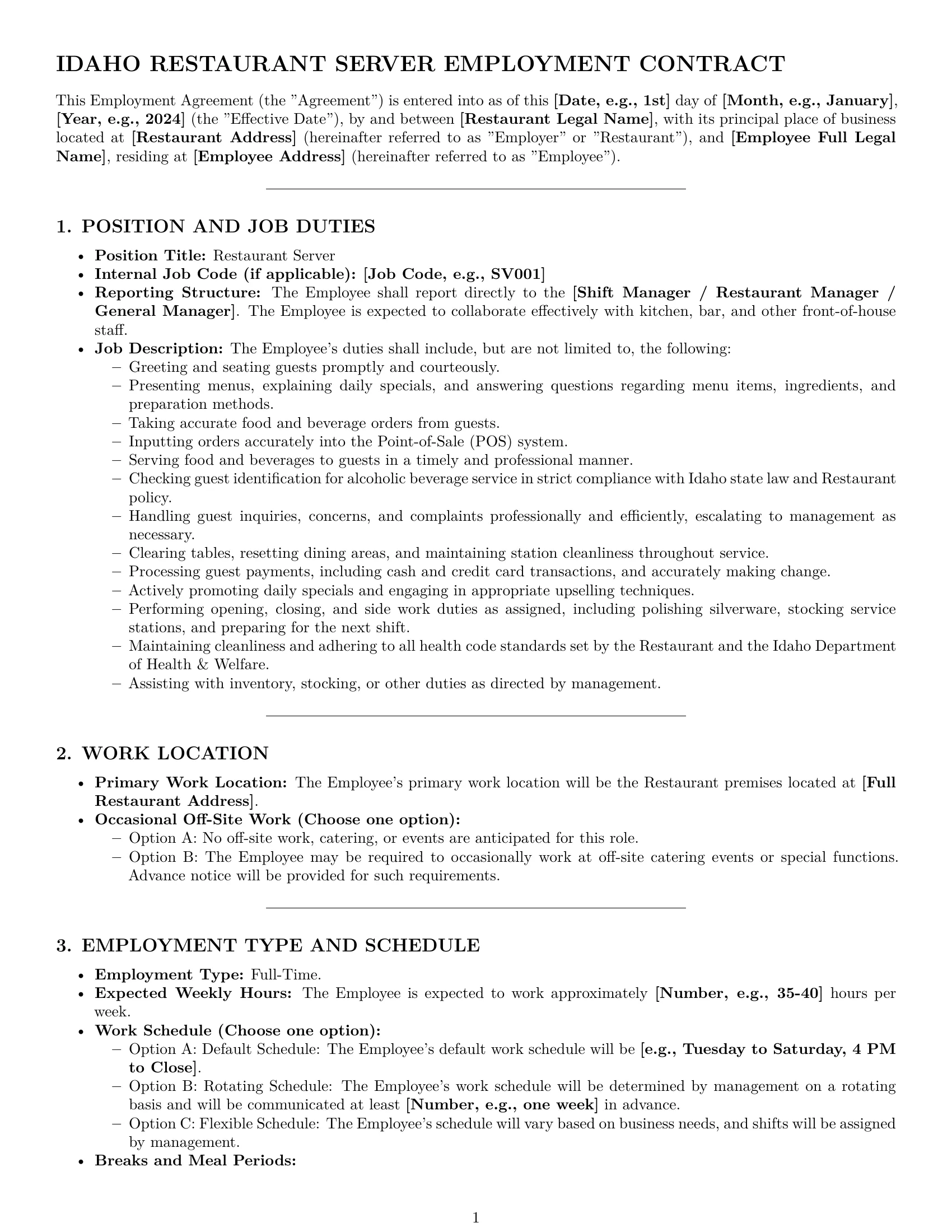 Preview page 1 of Pro Idaho restaurant server employment contract template