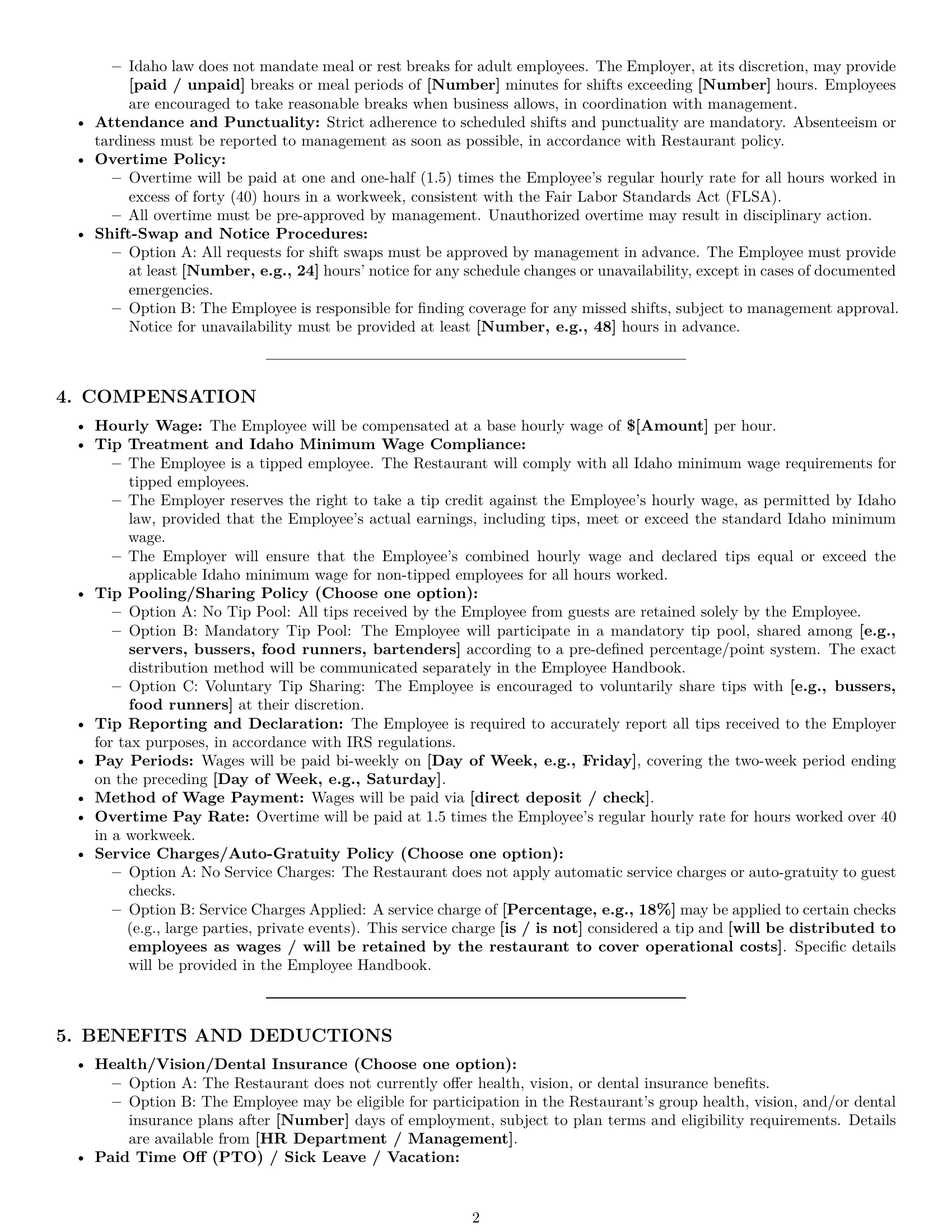Preview page 2 of Pro Idaho restaurant server employment contract template