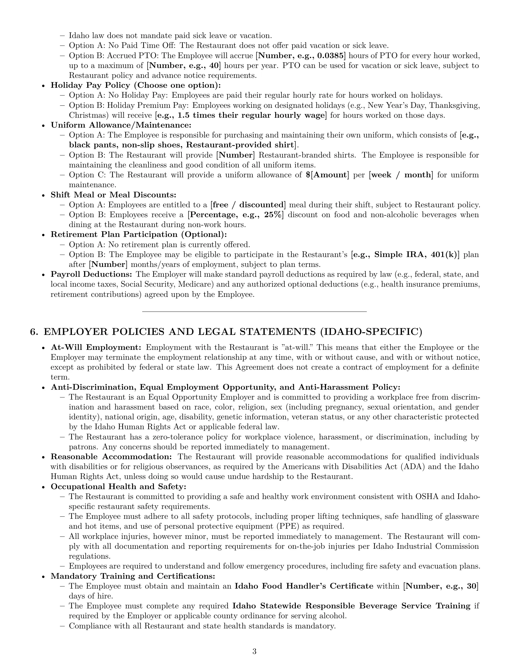 Preview page 3 of Pro Idaho restaurant server employment contract template