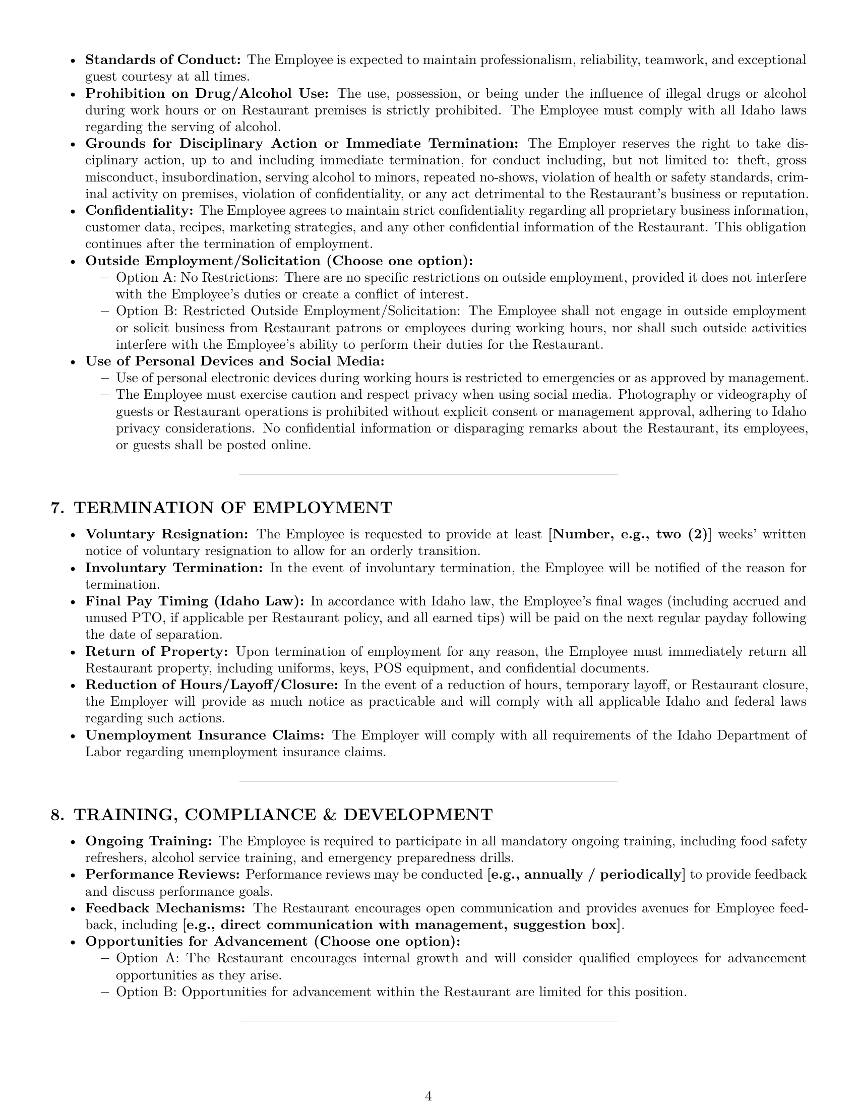 Preview page 4 of Pro Idaho restaurant server employment contract template