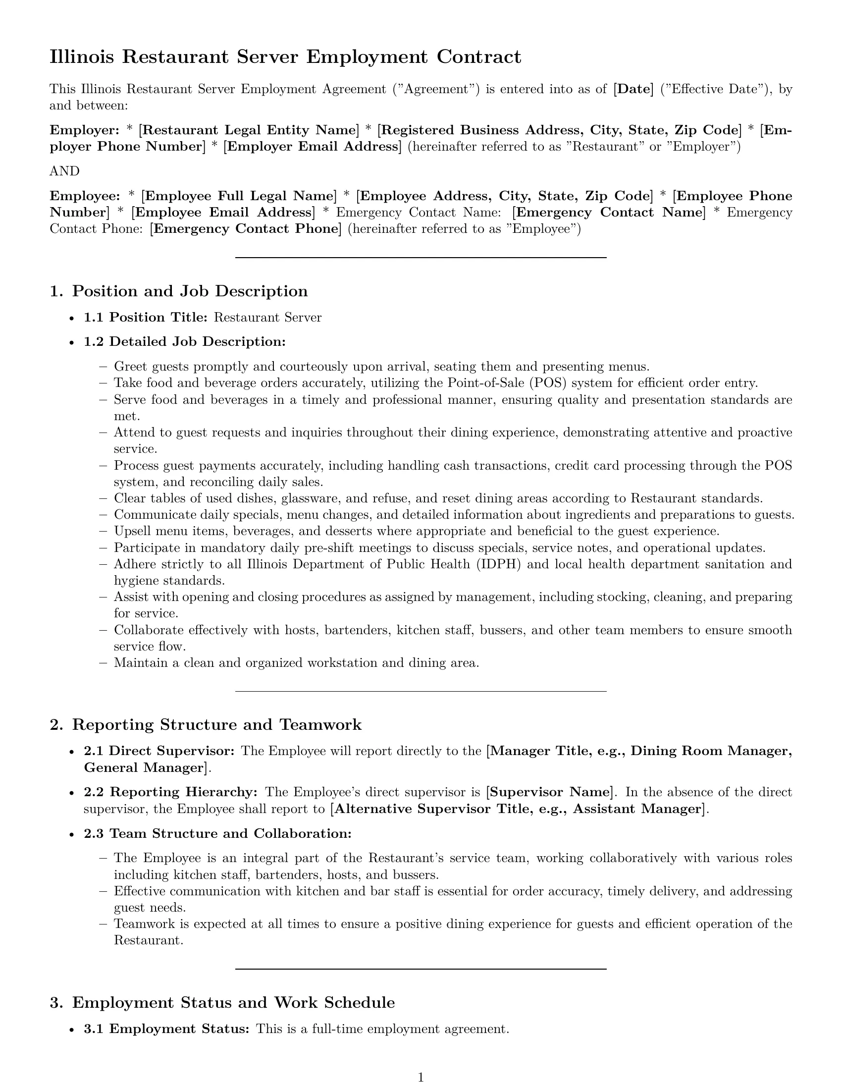 Preview page 1 of Pro Illinois restaurant server employment contract template