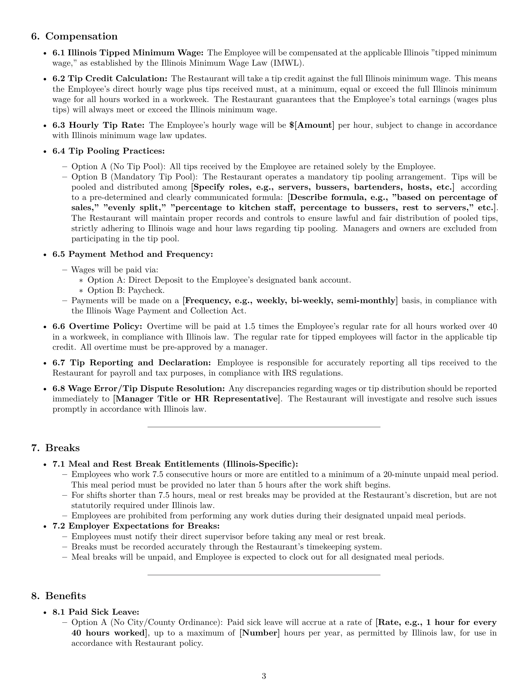 Preview page 3 of Pro Illinois restaurant server employment contract template