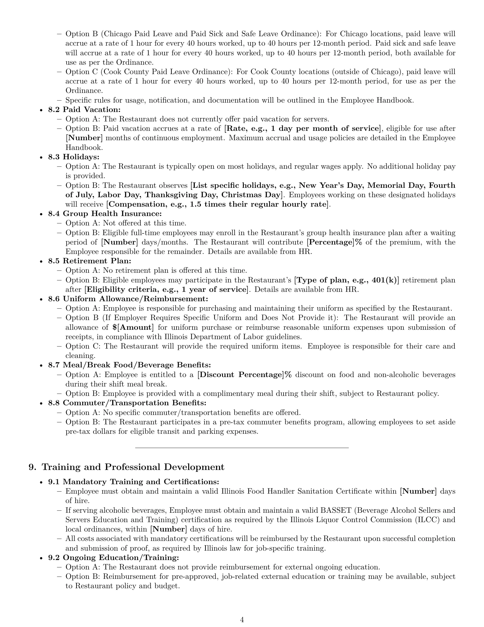 Preview page 4 of Pro Illinois restaurant server employment contract template