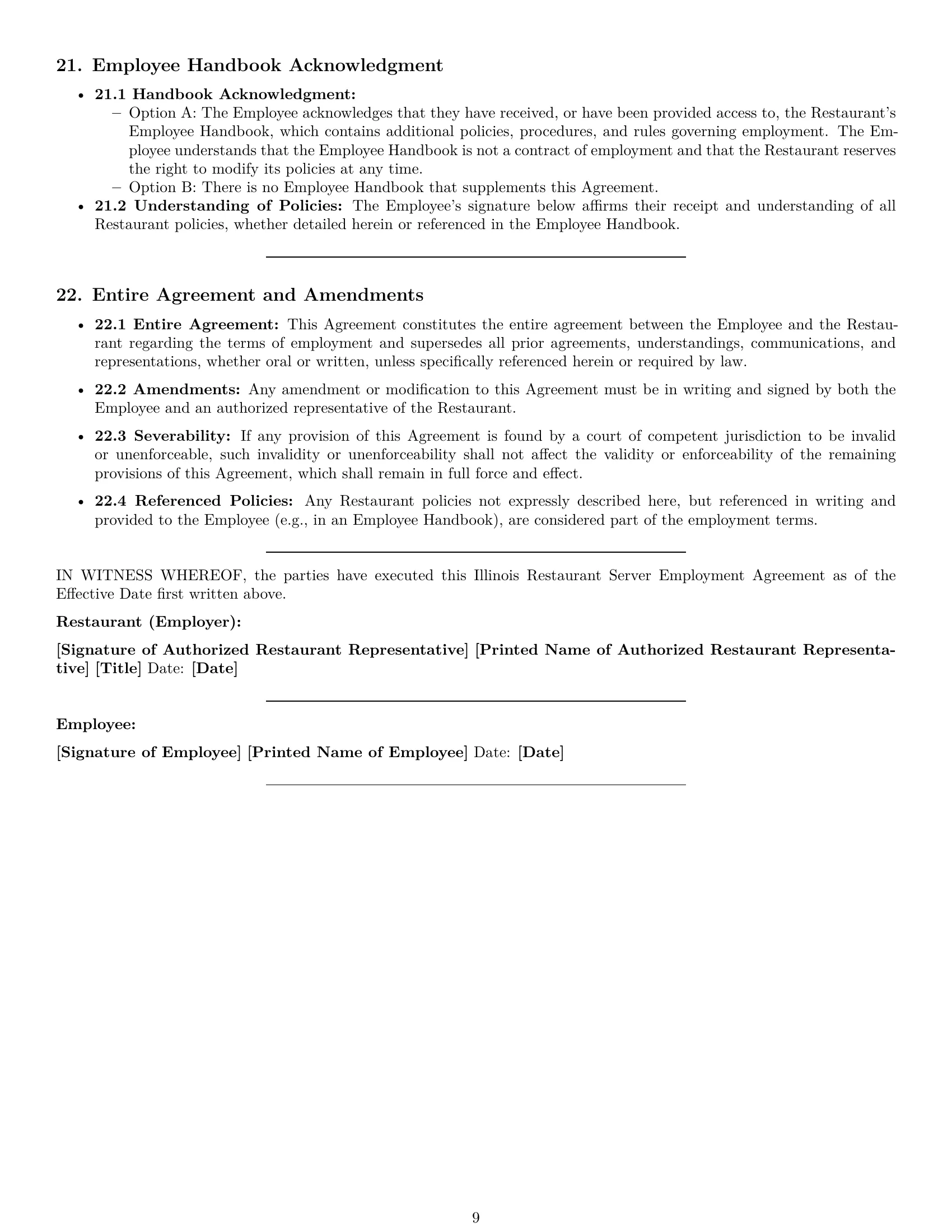 Preview page 9 of Pro Illinois restaurant server employment contract template