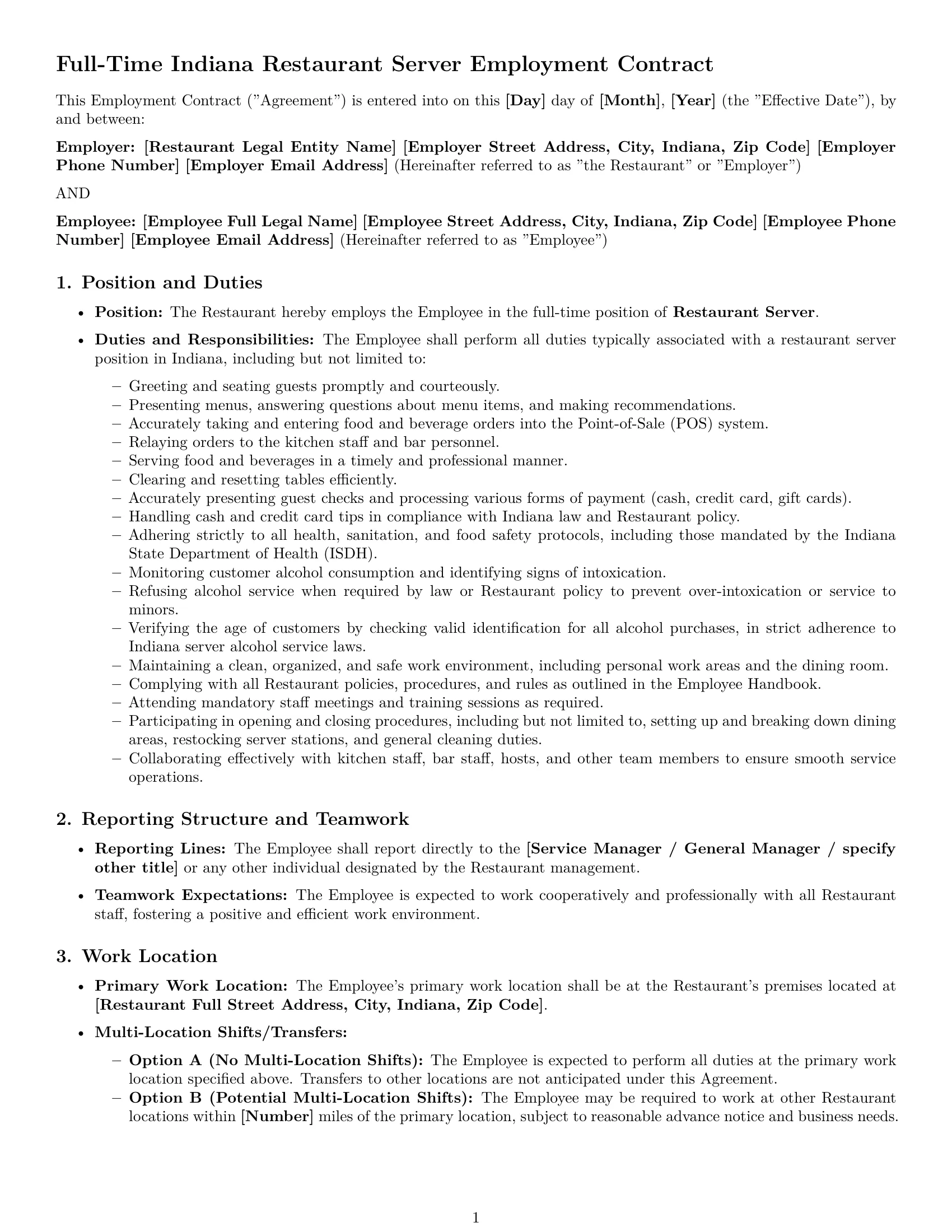 Preview page 1 of Pro Indiana restaurant server employment contract template