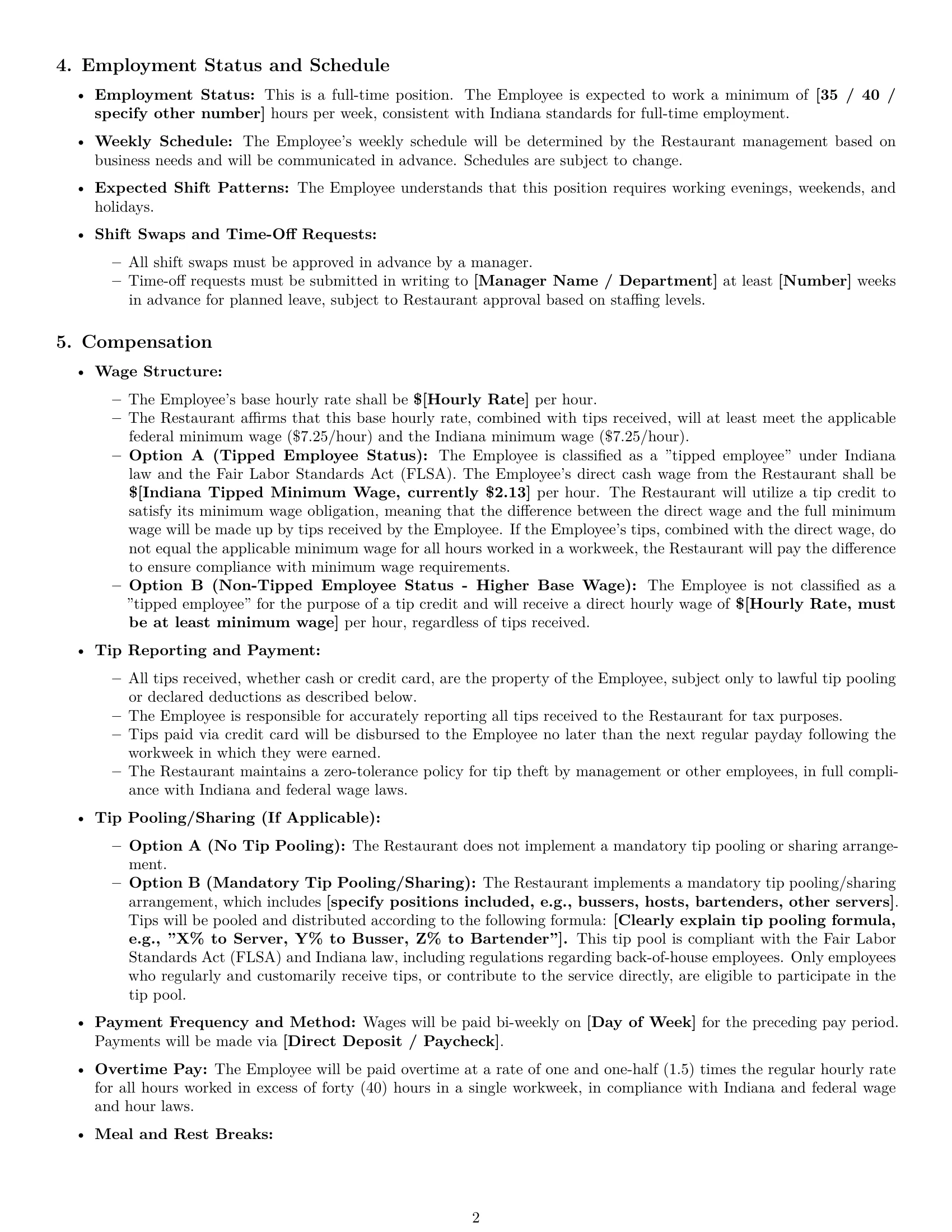 Preview page 2 of Pro Indiana restaurant server employment contract template
