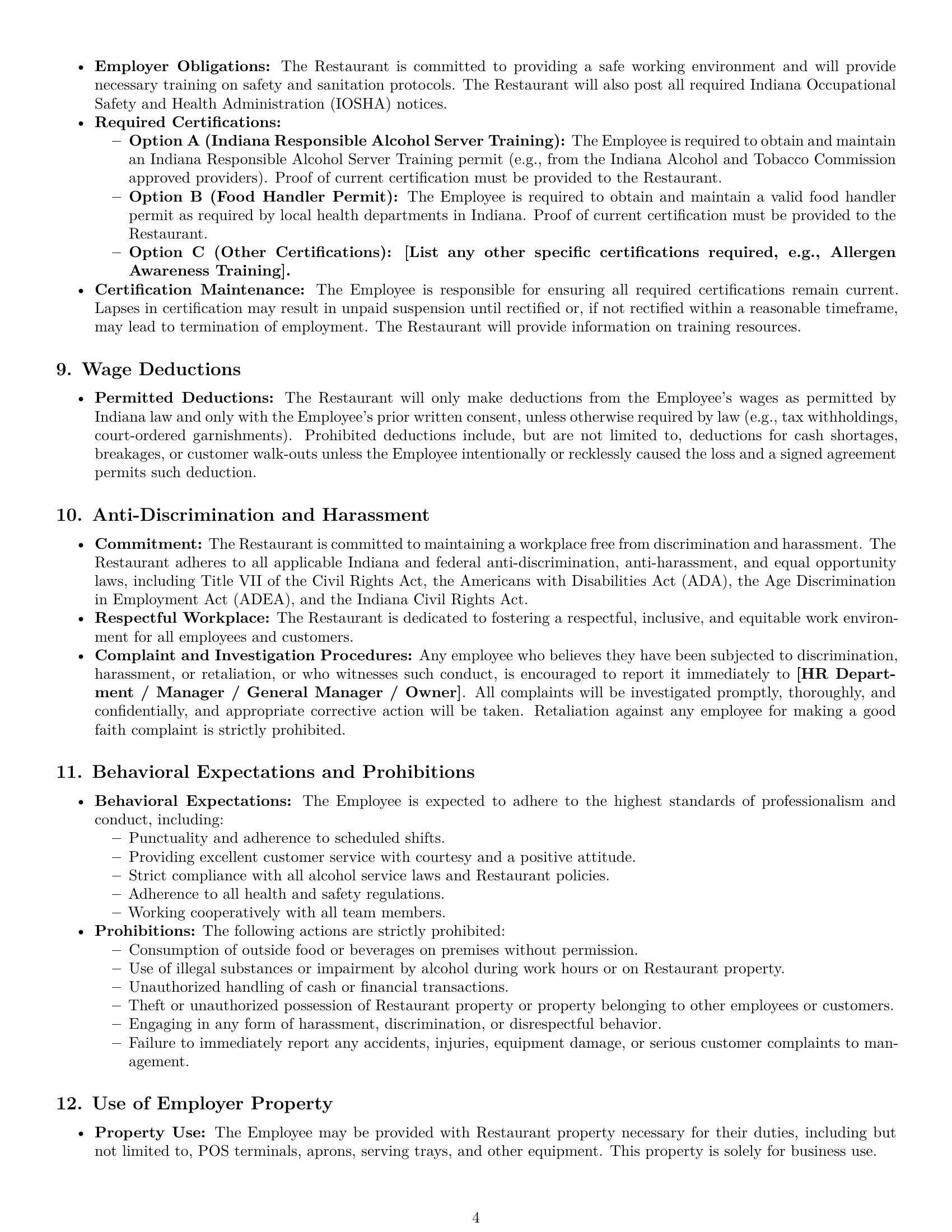 Preview page 4 of Pro Indiana restaurant server employment contract template