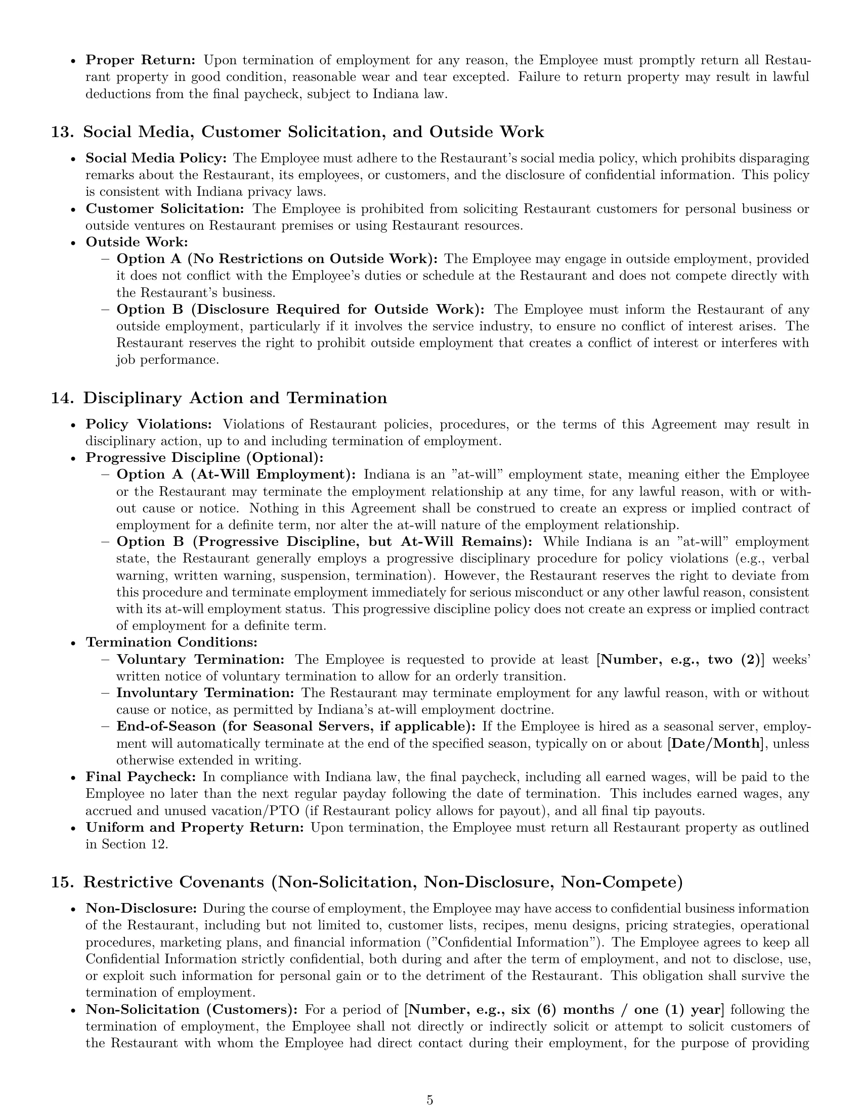 Preview page 5 of Pro Indiana restaurant server employment contract template
