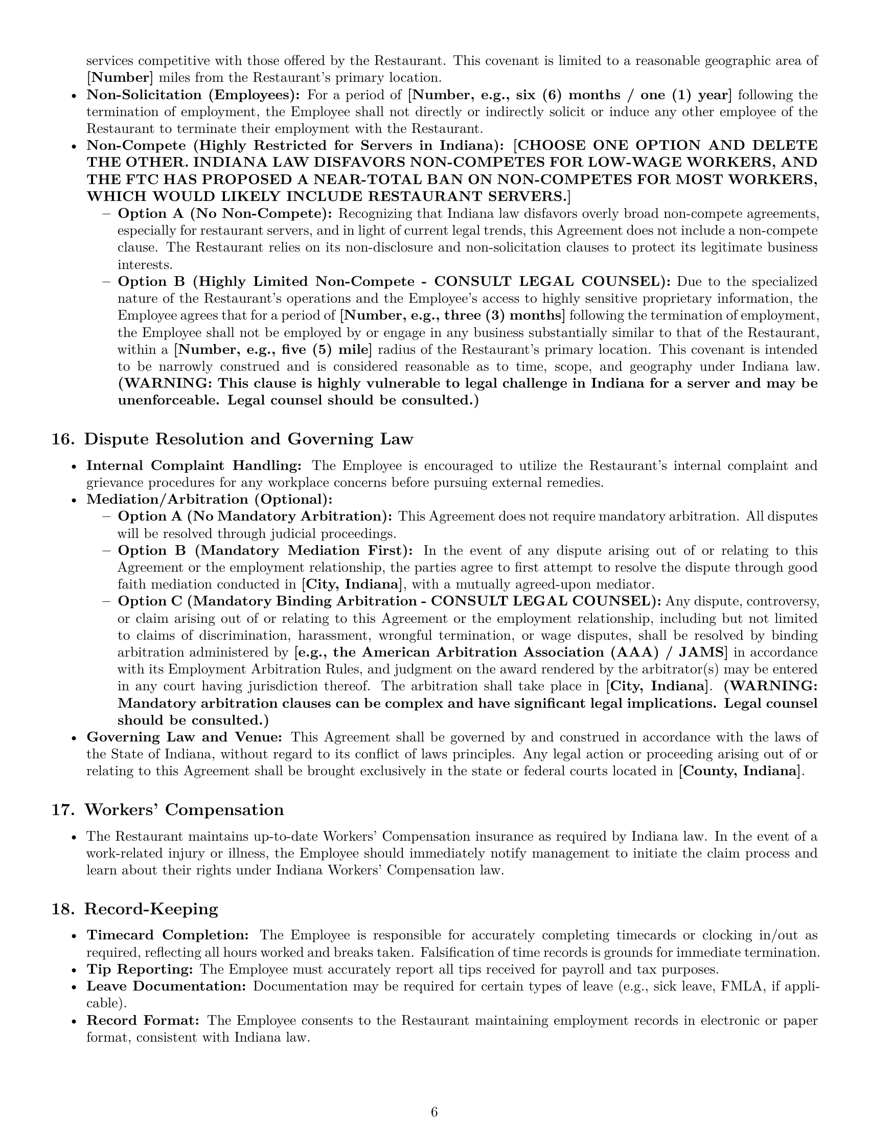 Preview page 6 of Pro Indiana restaurant server employment contract template