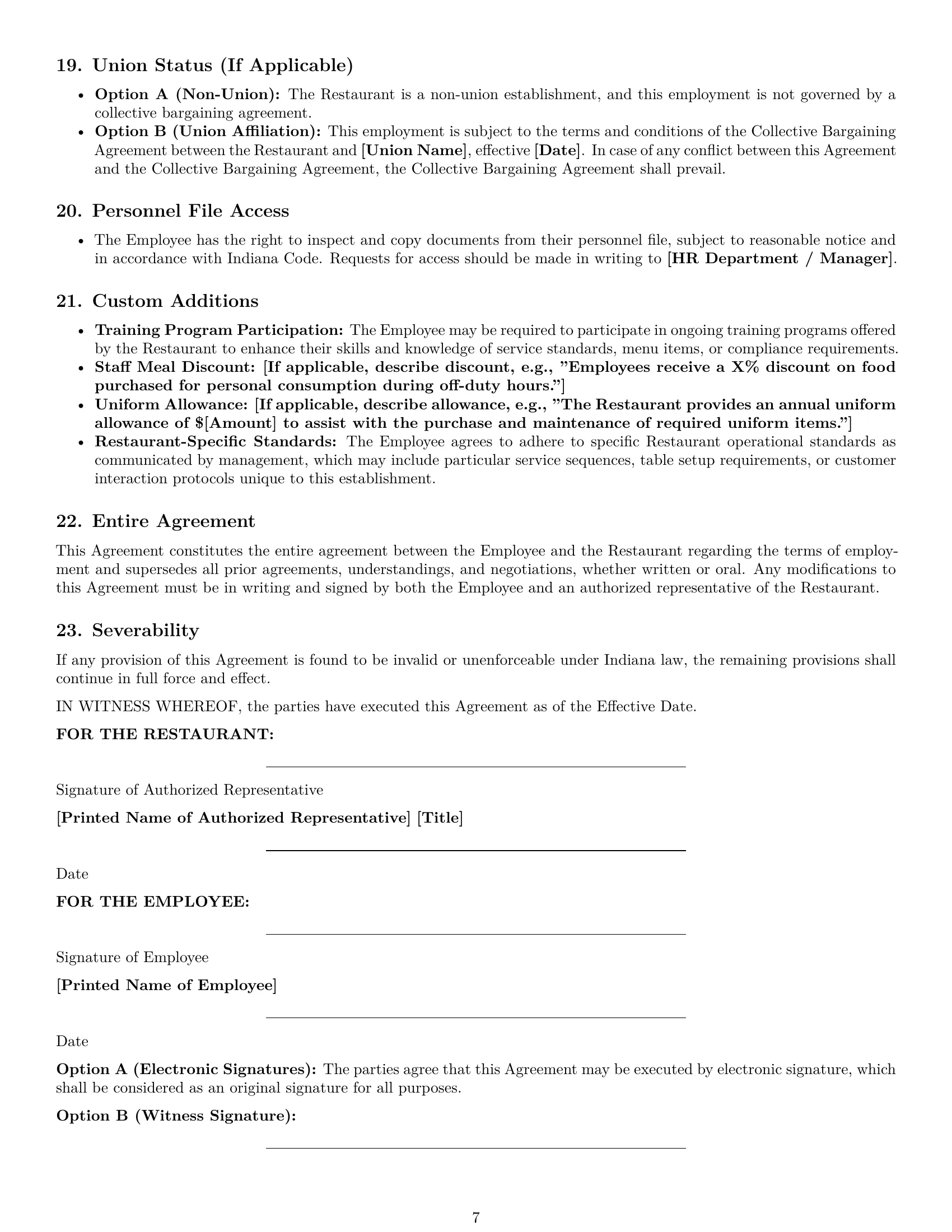 Preview page 7 of Pro Indiana restaurant server employment contract template