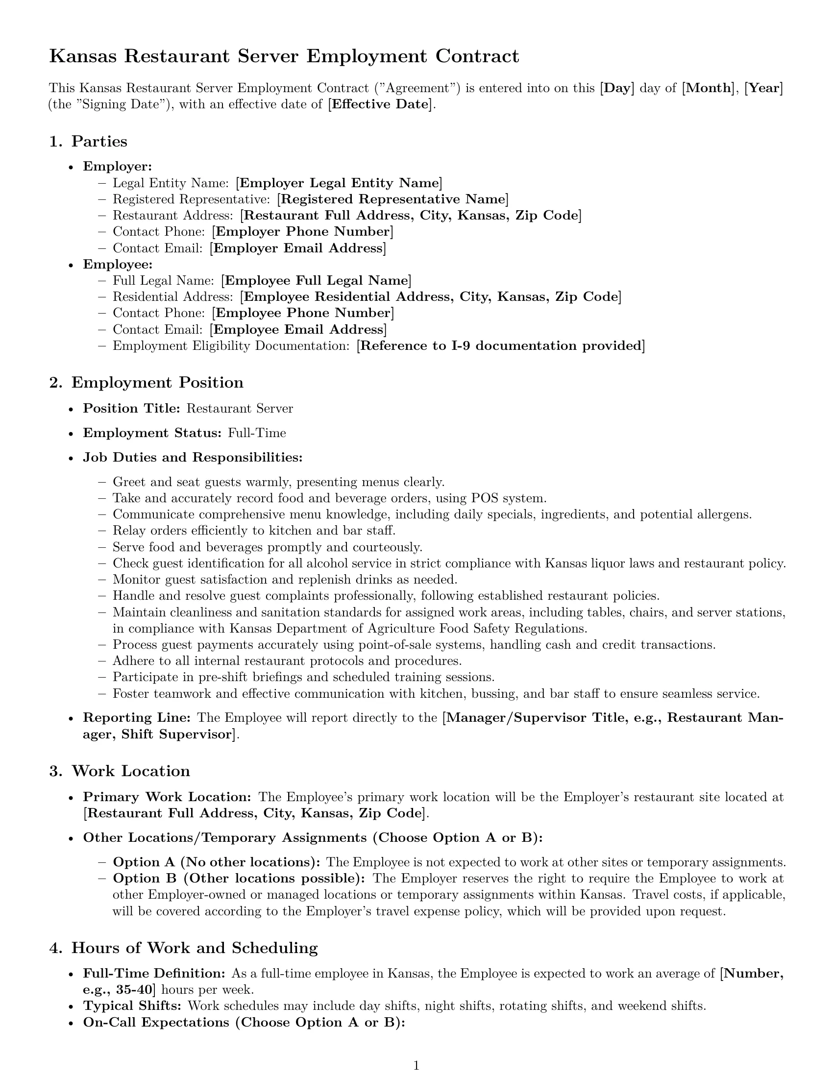 Preview page 1 of Pro Kansas restaurant server employment contract template