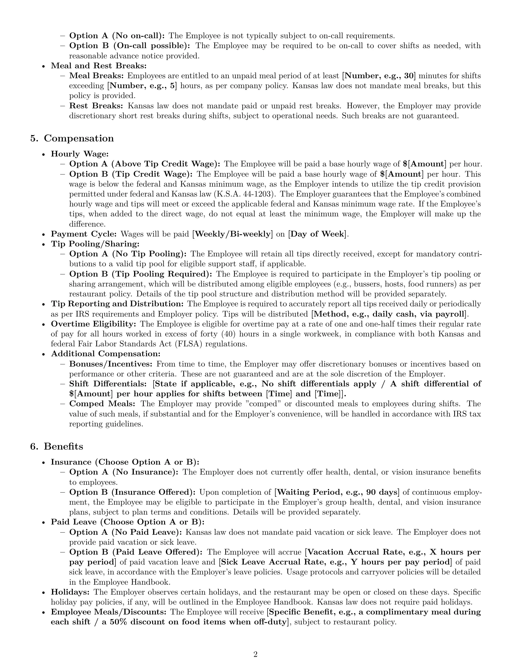 Preview page 2 of Pro Kansas restaurant server employment contract template