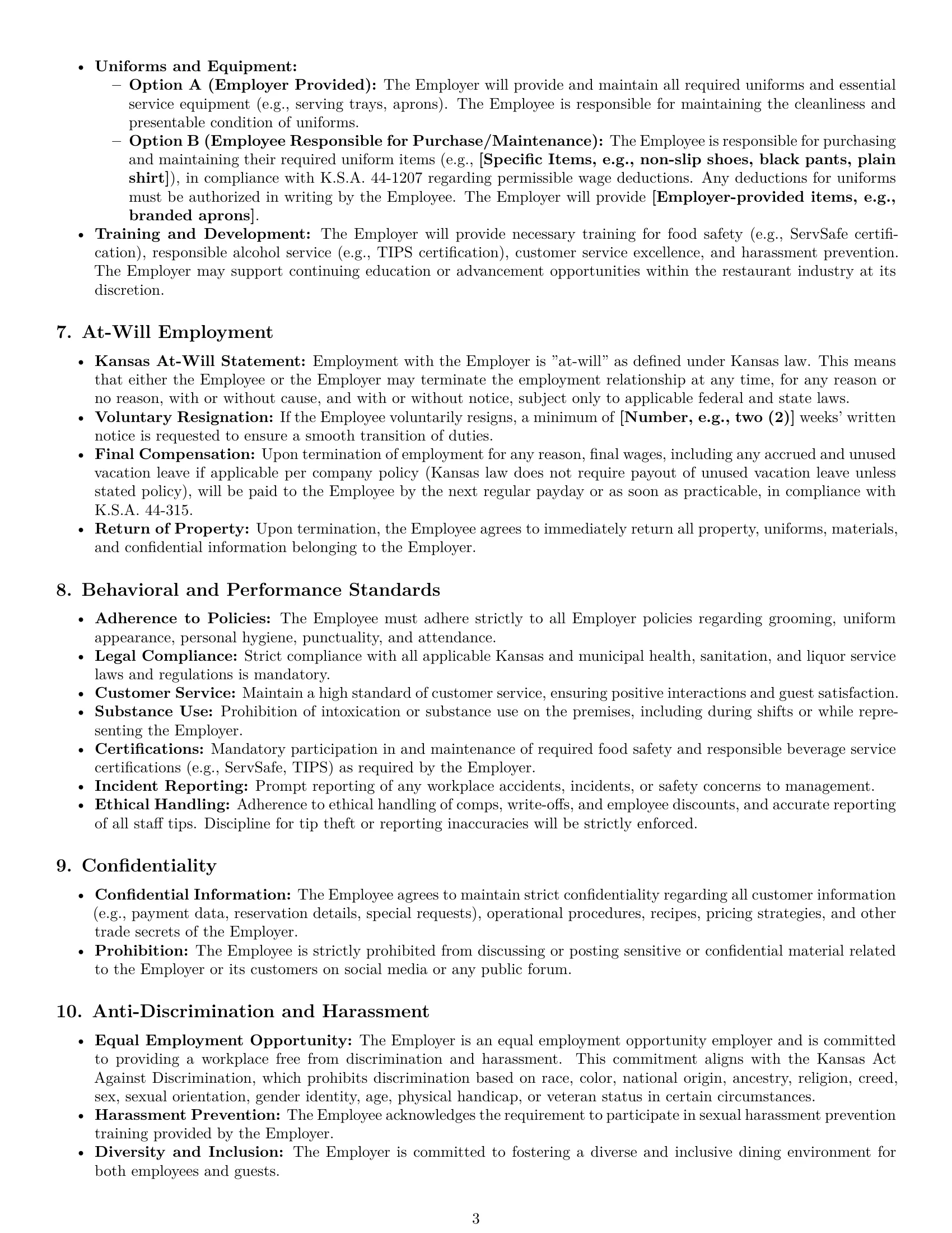 Preview page 3 of Pro Kansas restaurant server employment contract template