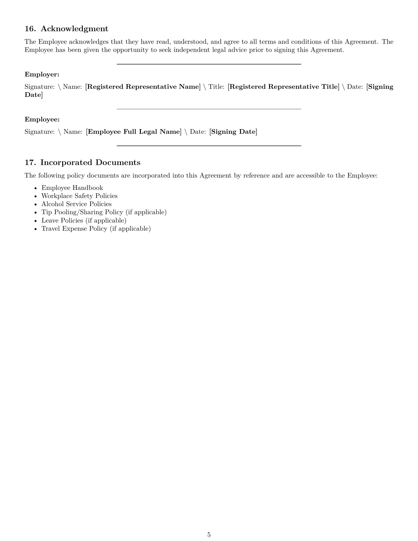 Preview page 5 of Pro Kansas restaurant server employment contract template