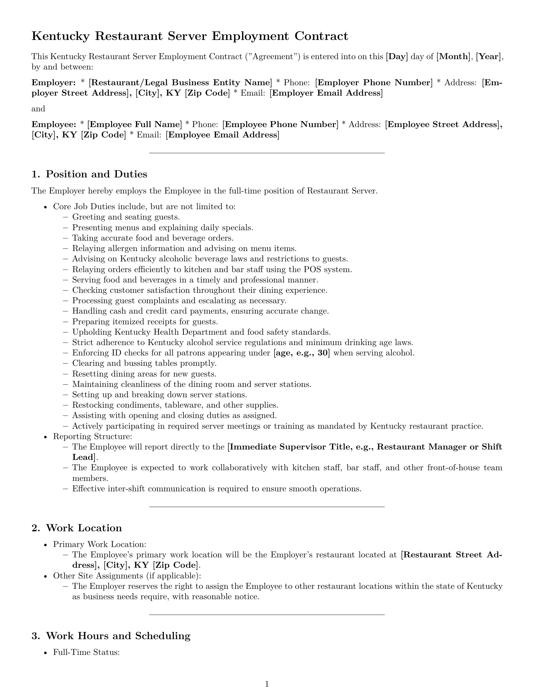 Preview page 1 of Pro Kentucky restaurant server employment contract template
