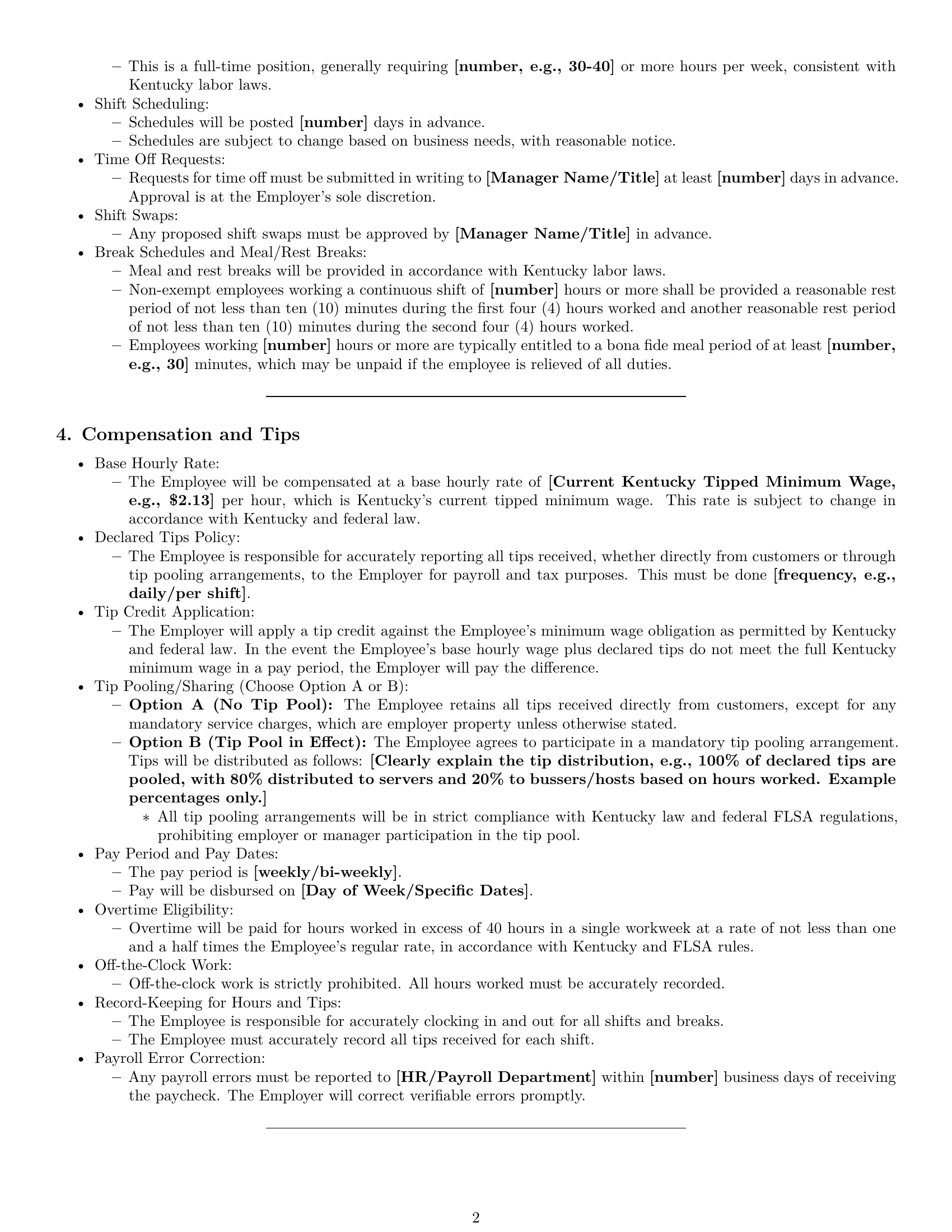 Preview page 2 of Pro Kentucky restaurant server employment contract template