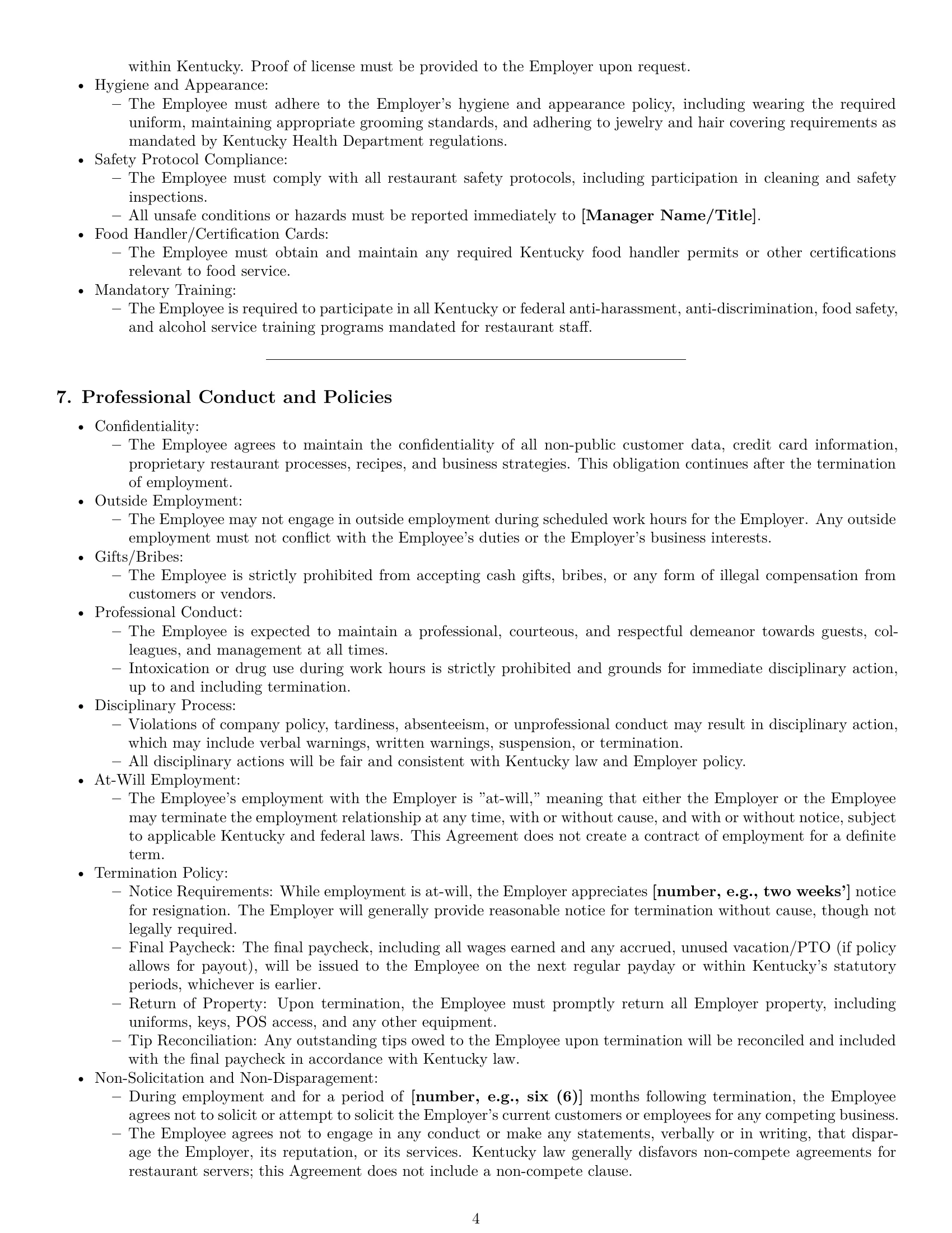 Preview page 4 of Pro Kentucky restaurant server employment contract template
