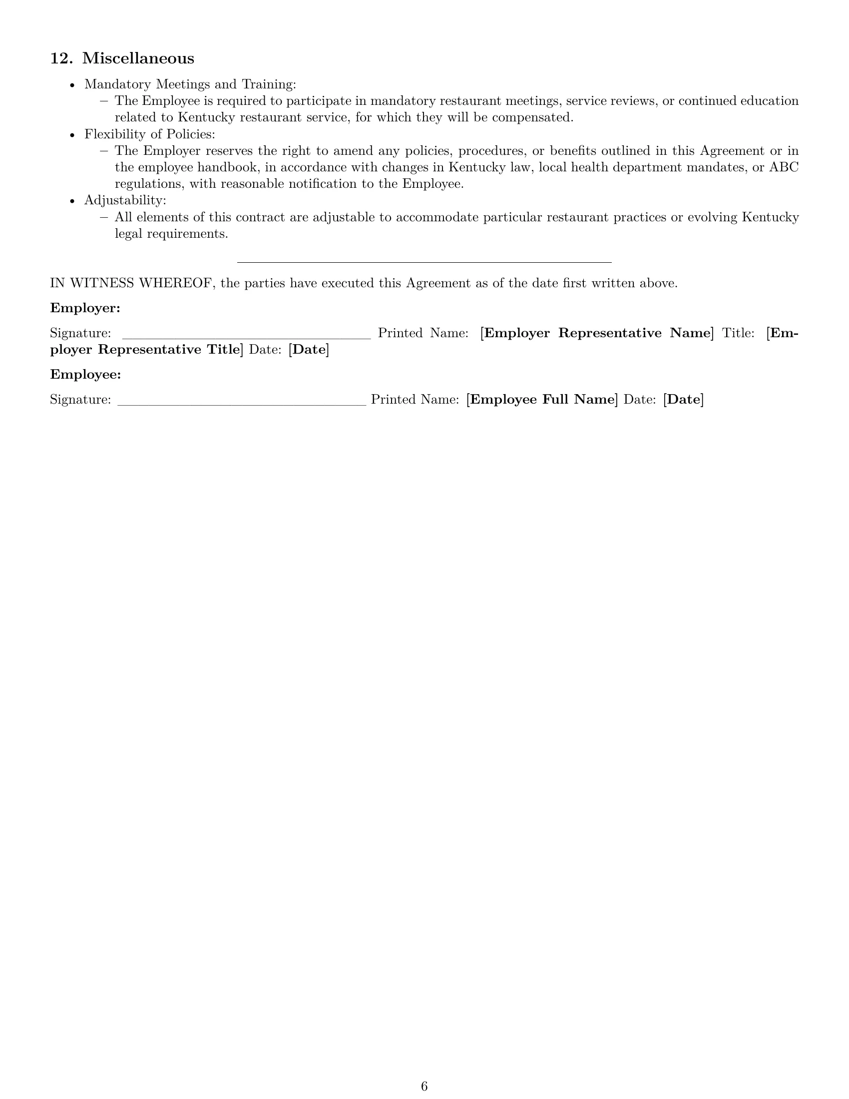 Preview page 6 of Pro Kentucky restaurant server employment contract template