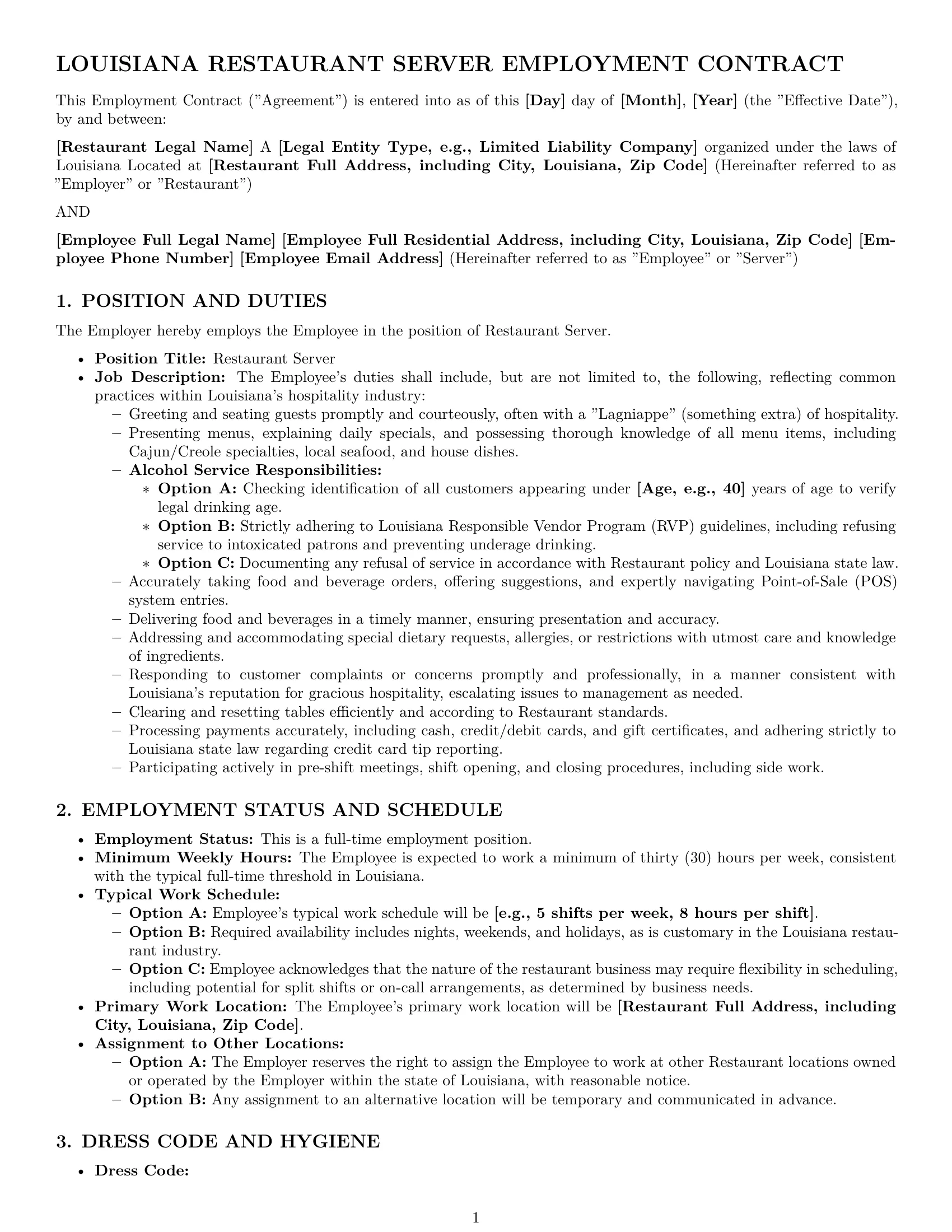 Preview page 1 of Pro Louisiana restaurant server employment contract template