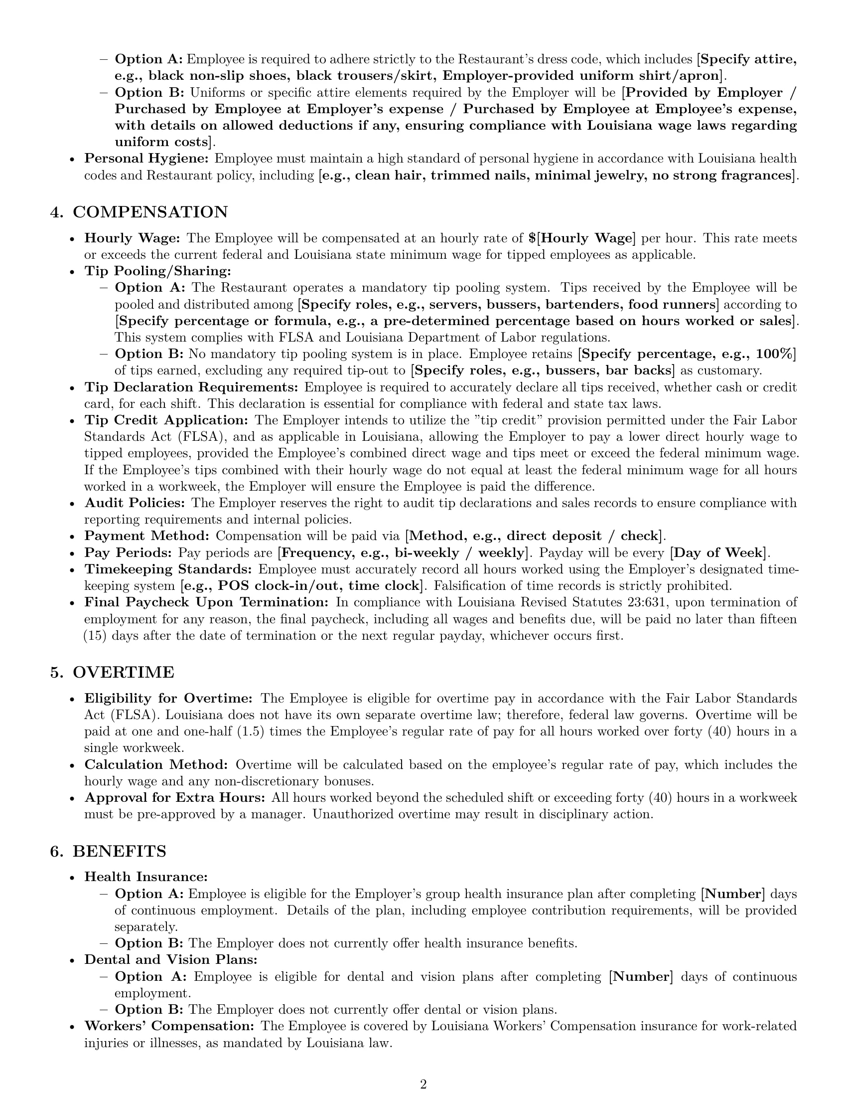 Preview page 2 of Pro Louisiana restaurant server employment contract template