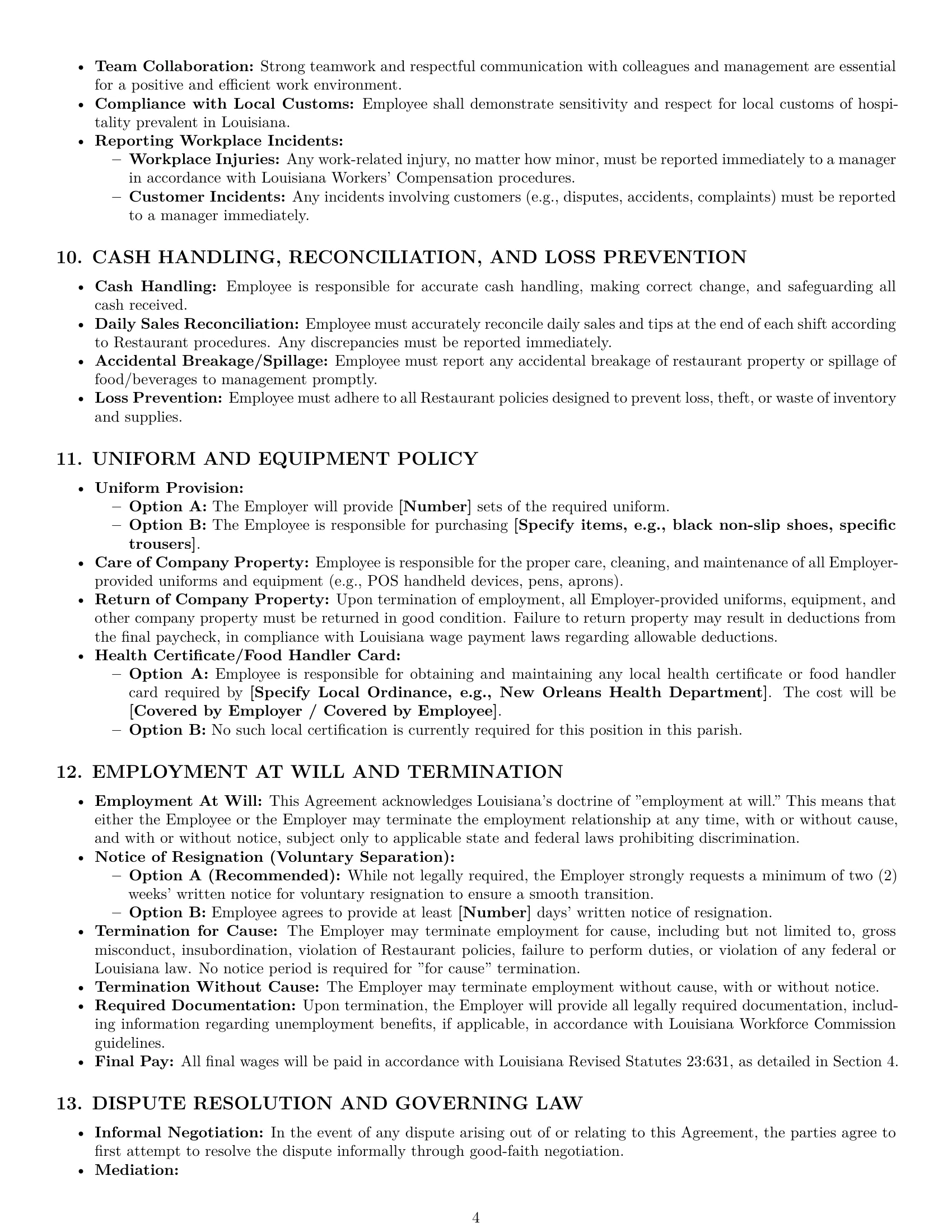Preview page 4 of Pro Louisiana restaurant server employment contract template