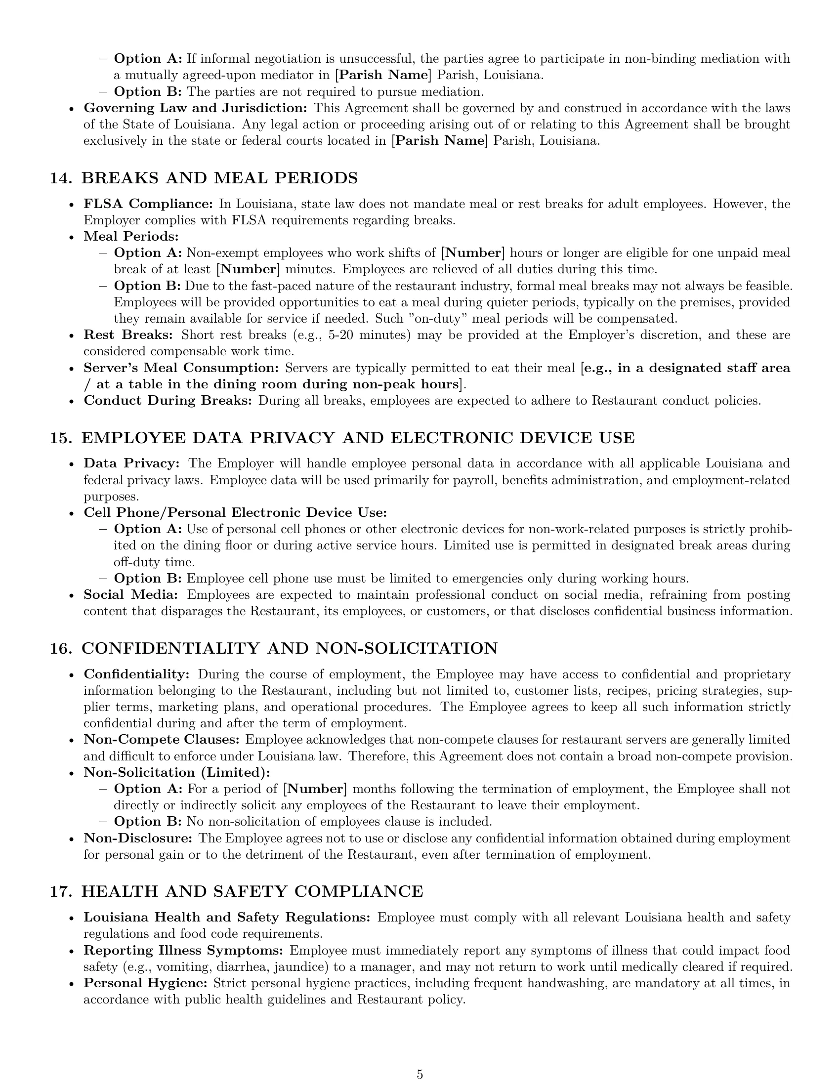 Preview page 5 of Pro Louisiana restaurant server employment contract template