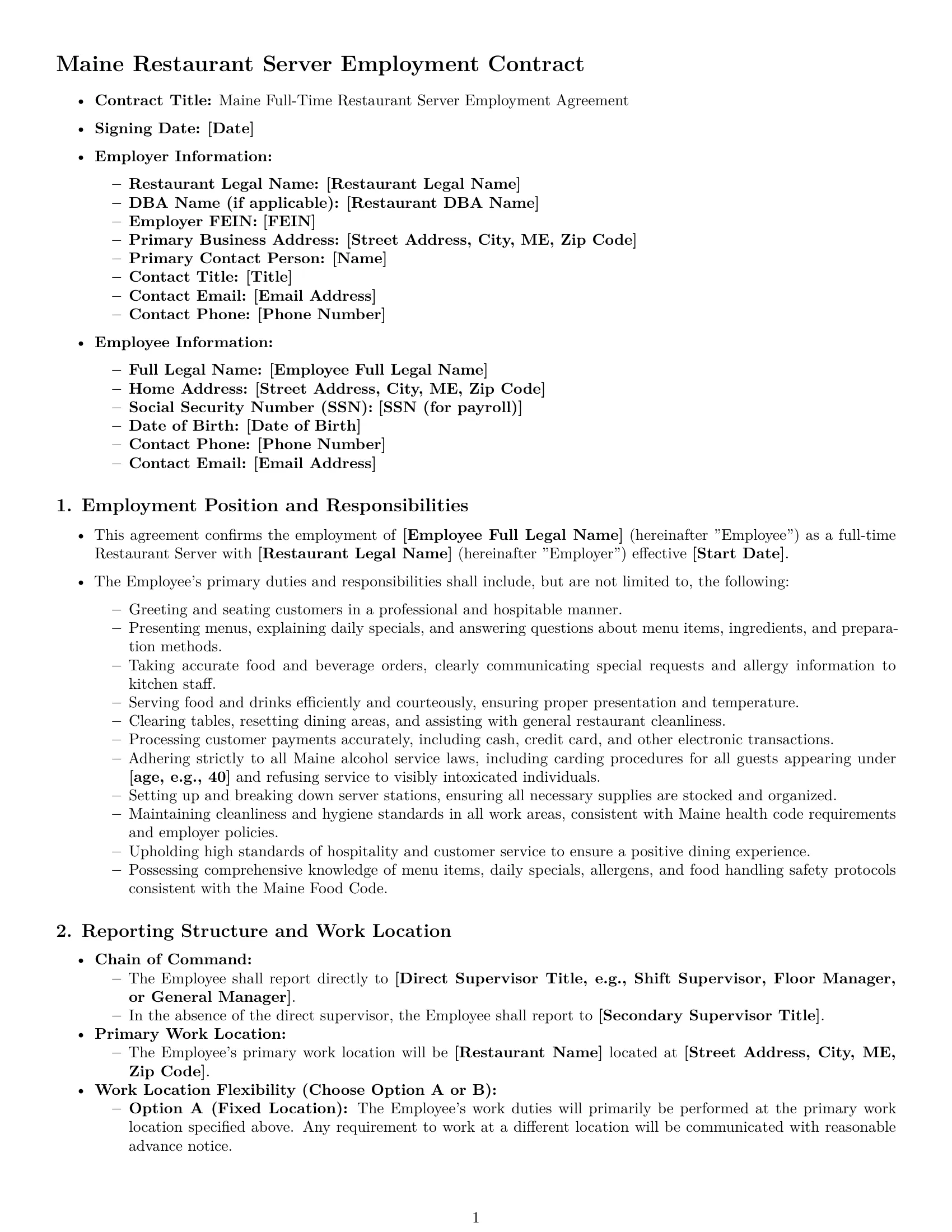 Preview page 1 of Pro Maine restaurant server employment contract template