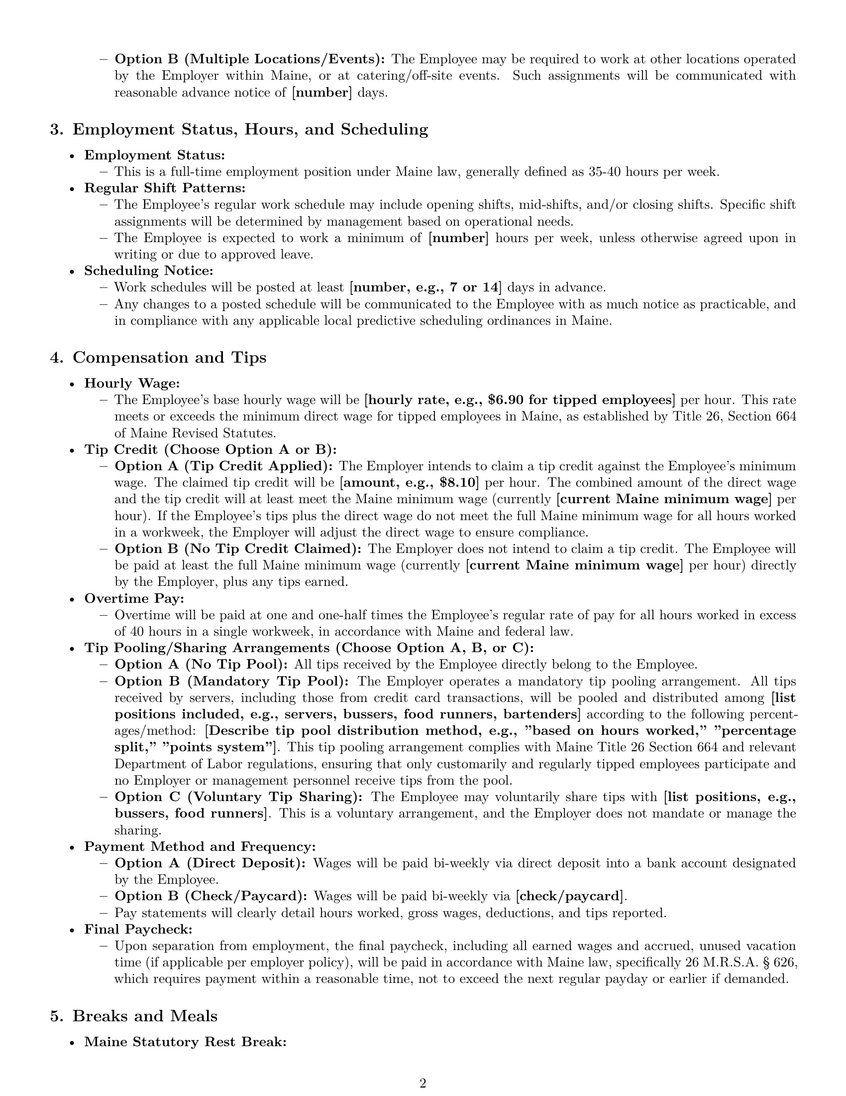 Preview page 2 of Pro Maine restaurant server employment contract template