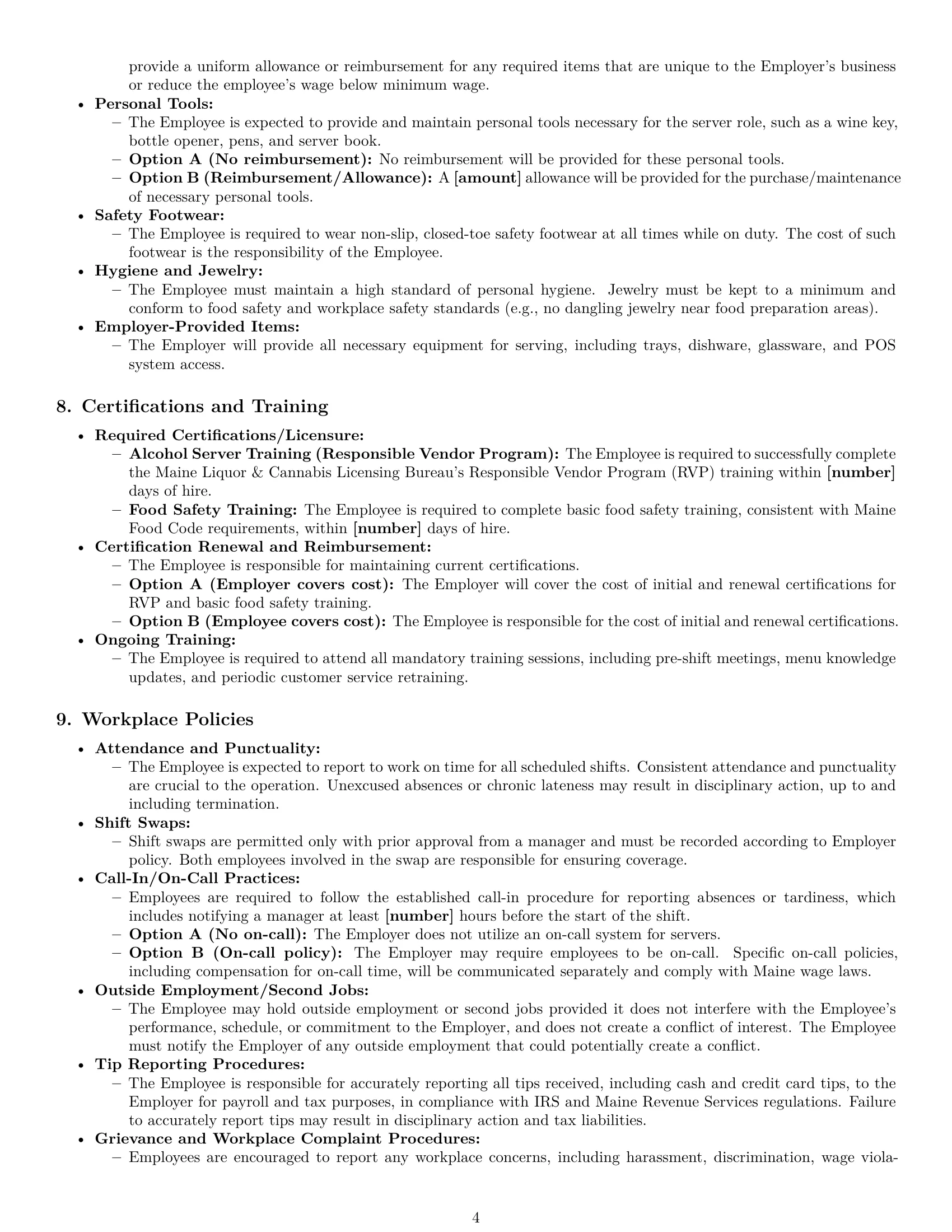 Preview page 4 of Pro Maine restaurant server employment contract template