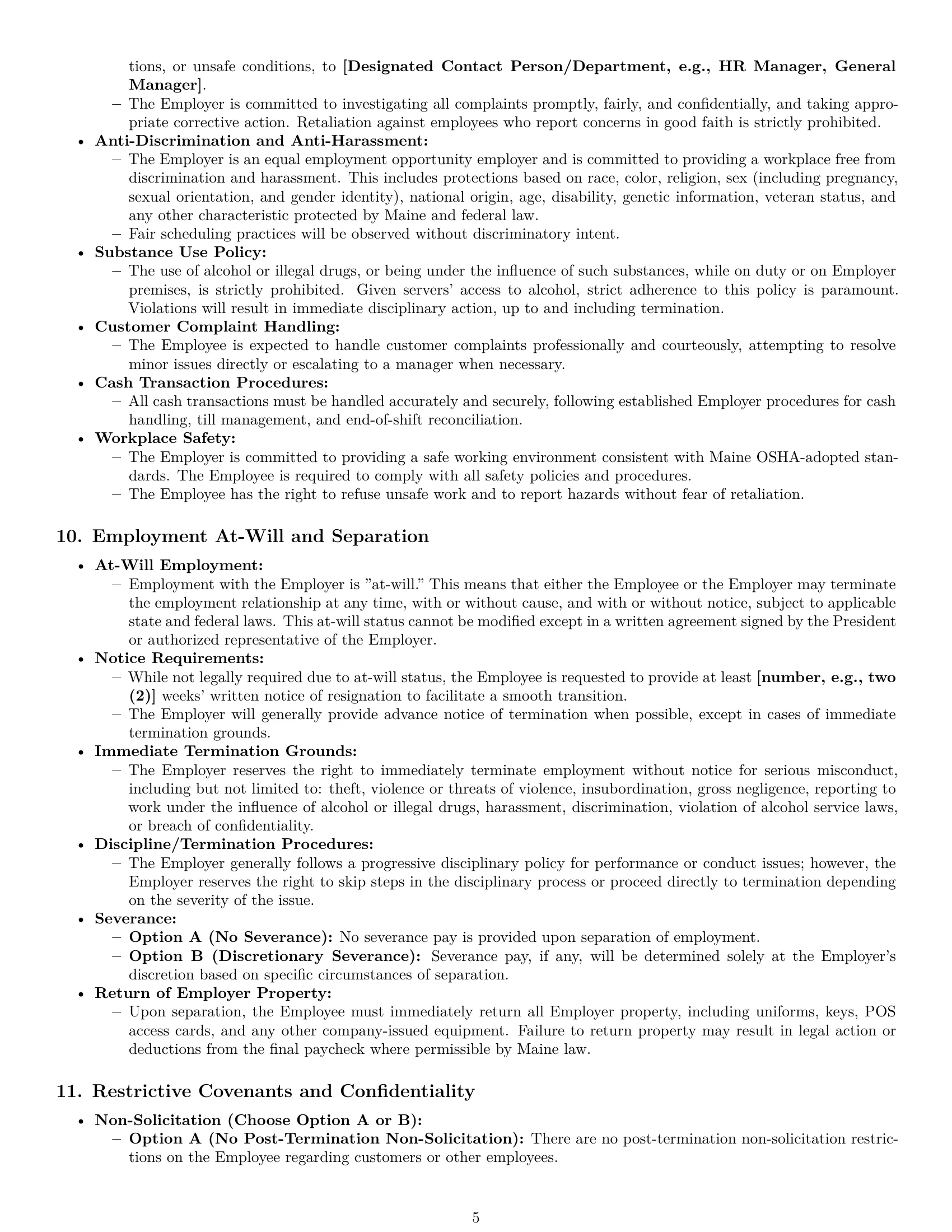 Preview page 5 of Pro Maine restaurant server employment contract template