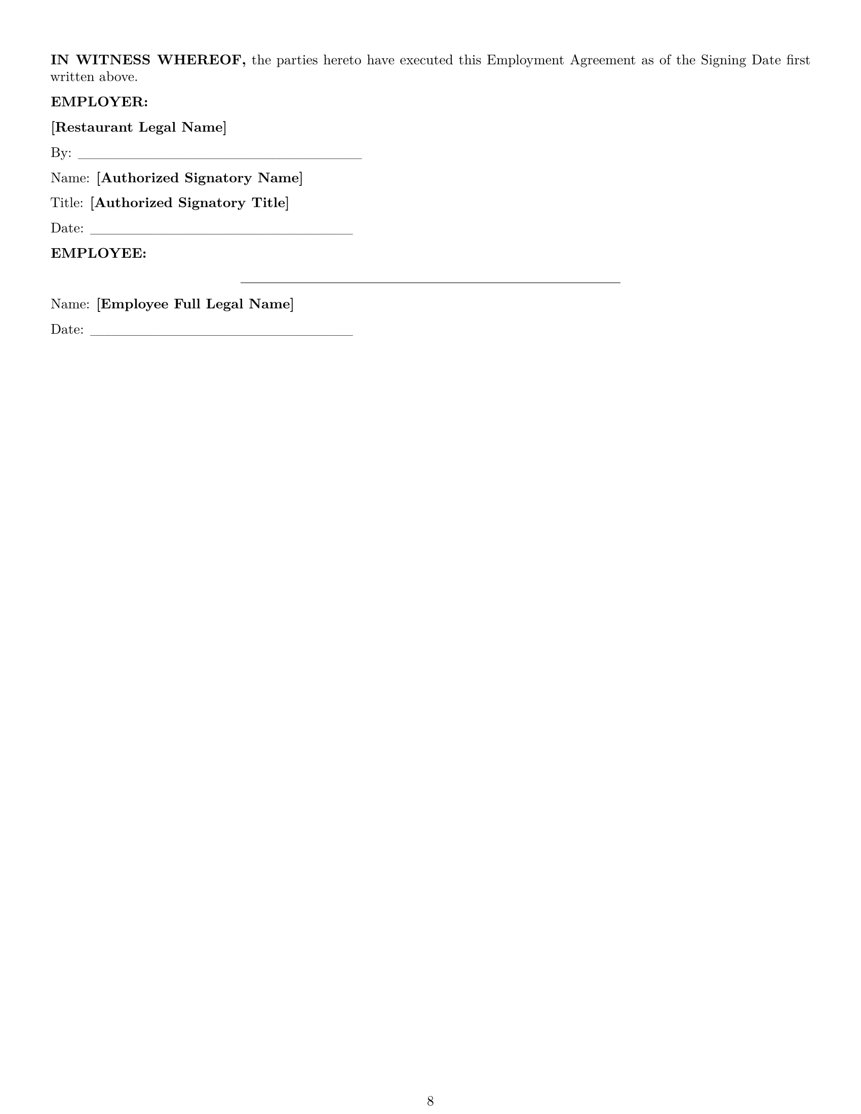 Preview page 8 of Pro Maine restaurant server employment contract template