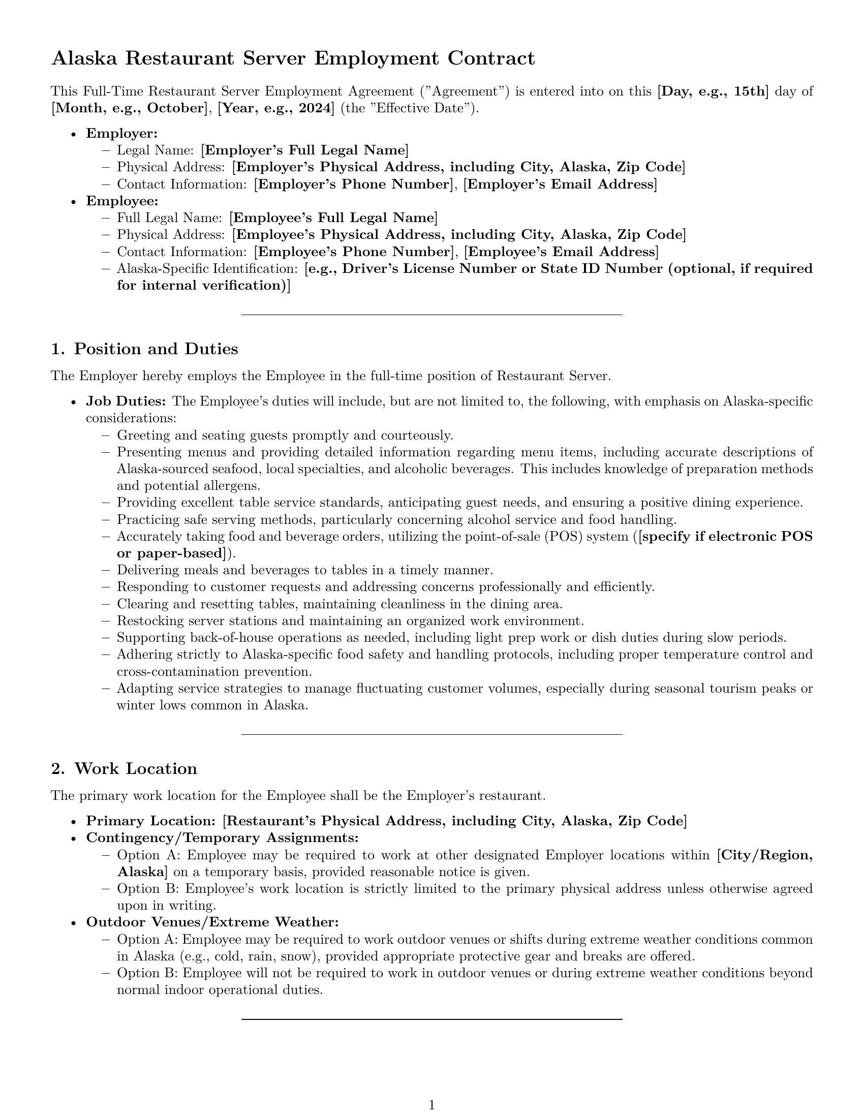 Preview page 1 of Pro Alaska restaurant server employment contract template