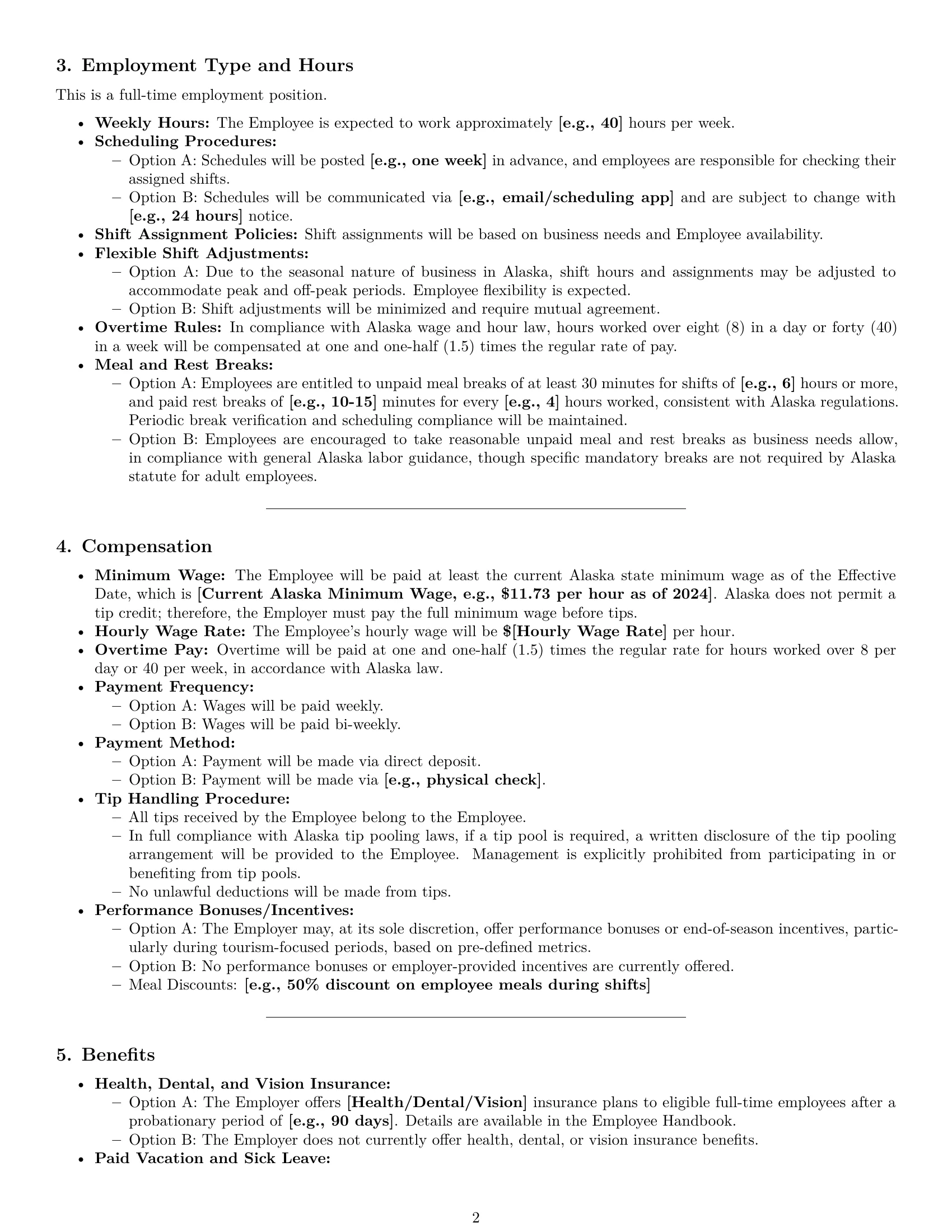 Preview page 2 of Pro Alaska restaurant server employment contract template