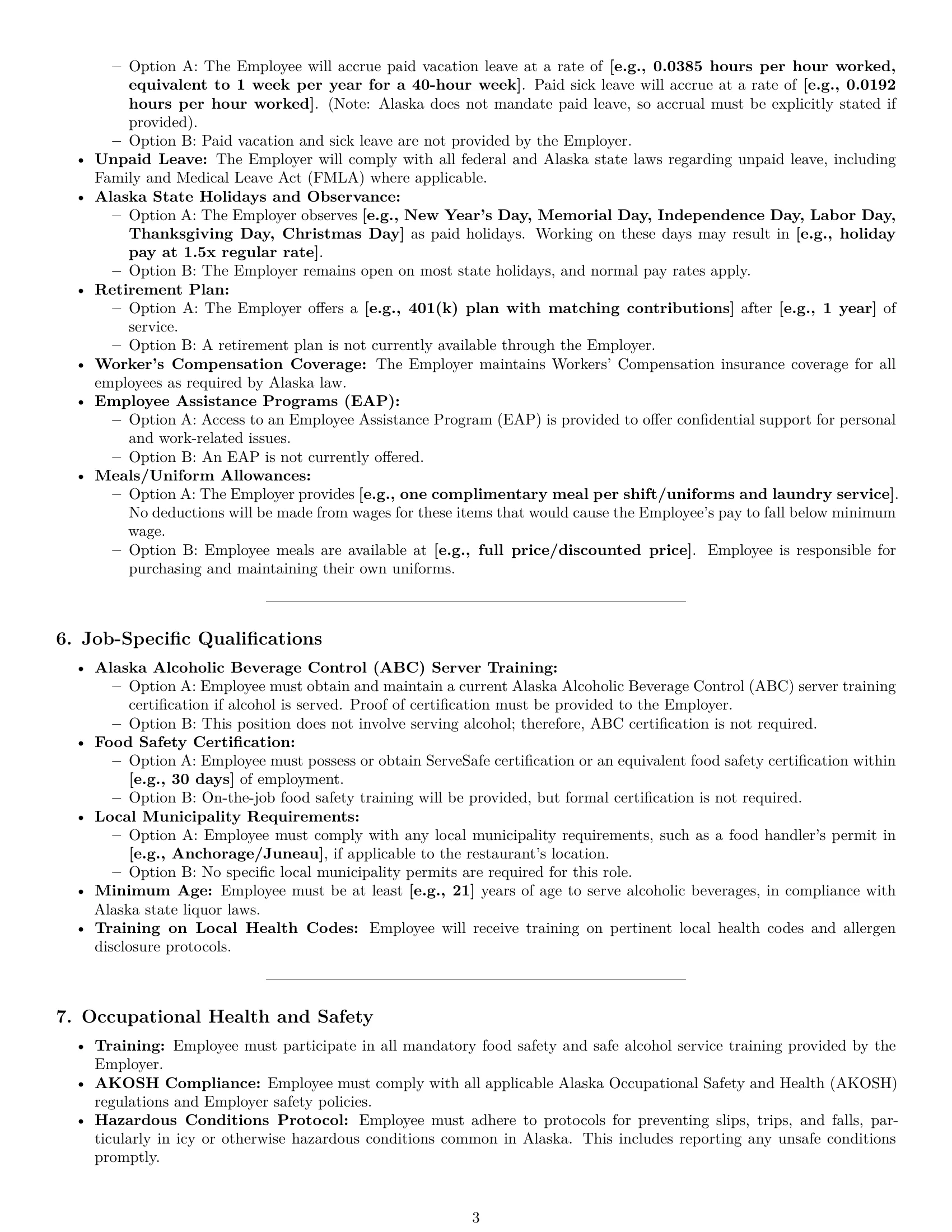 Preview page 3 of Pro Alaska restaurant server employment contract template