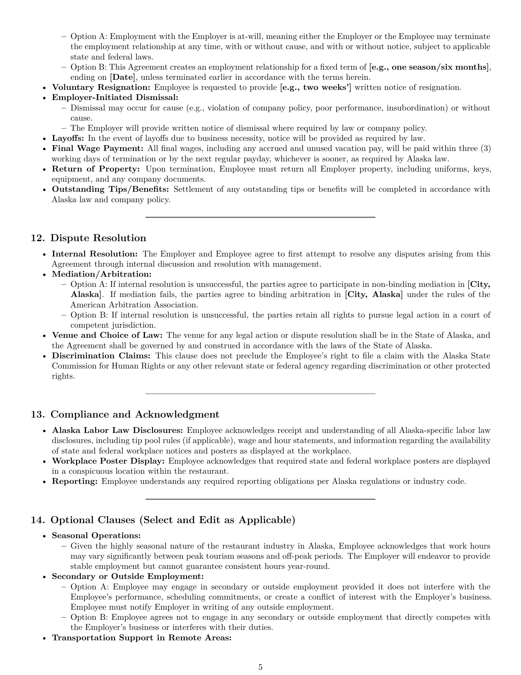 Preview page 5 of Pro Alaska restaurant server employment contract template
